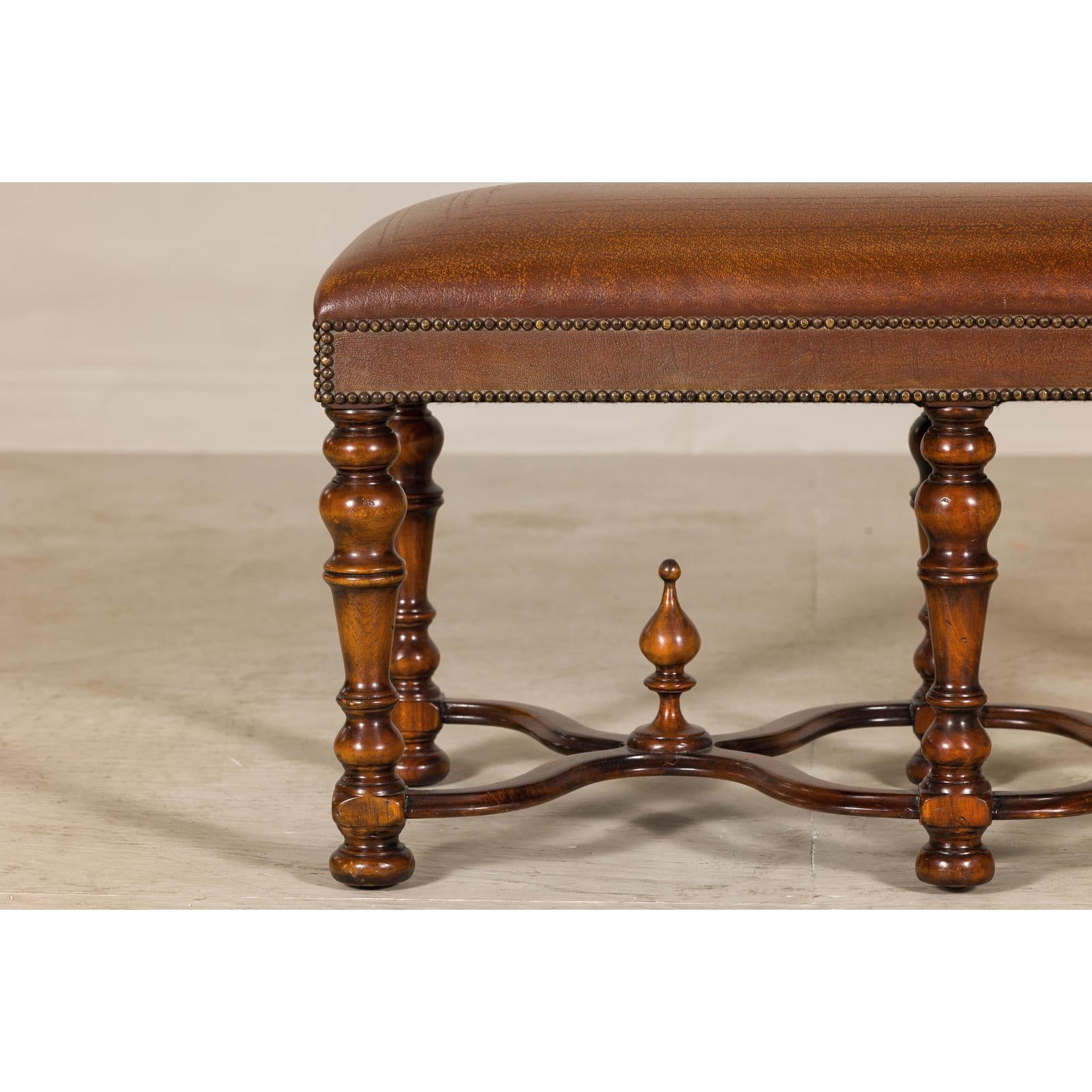 Theodore Alexander Louis XIII Style Leather Bench with Turned Hardwood Legs