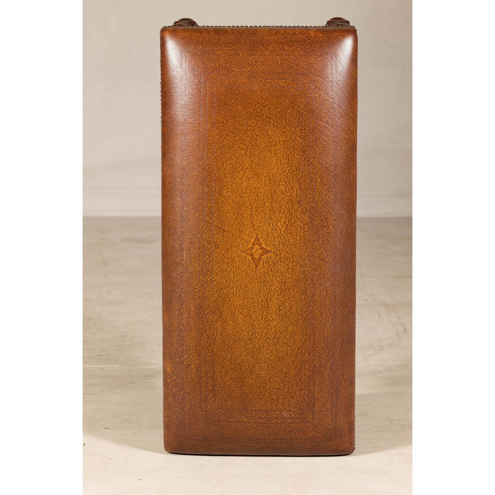 Theodore Alexander Louis XIII Style Leather Bench with Turned Hardwood Legs