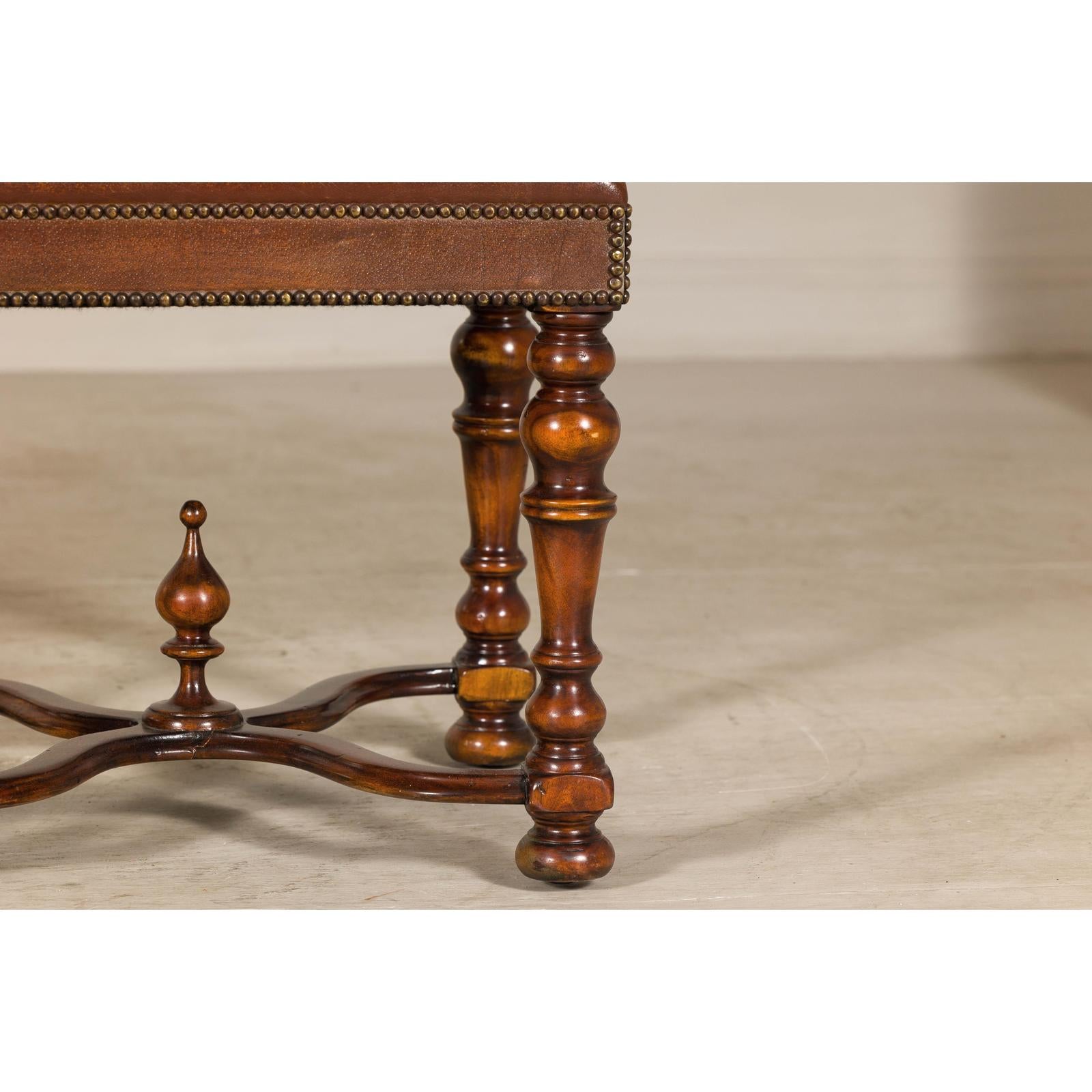 Theodore Alexander Louis XIII Style Leather Bench with Turned Hardwood Legs