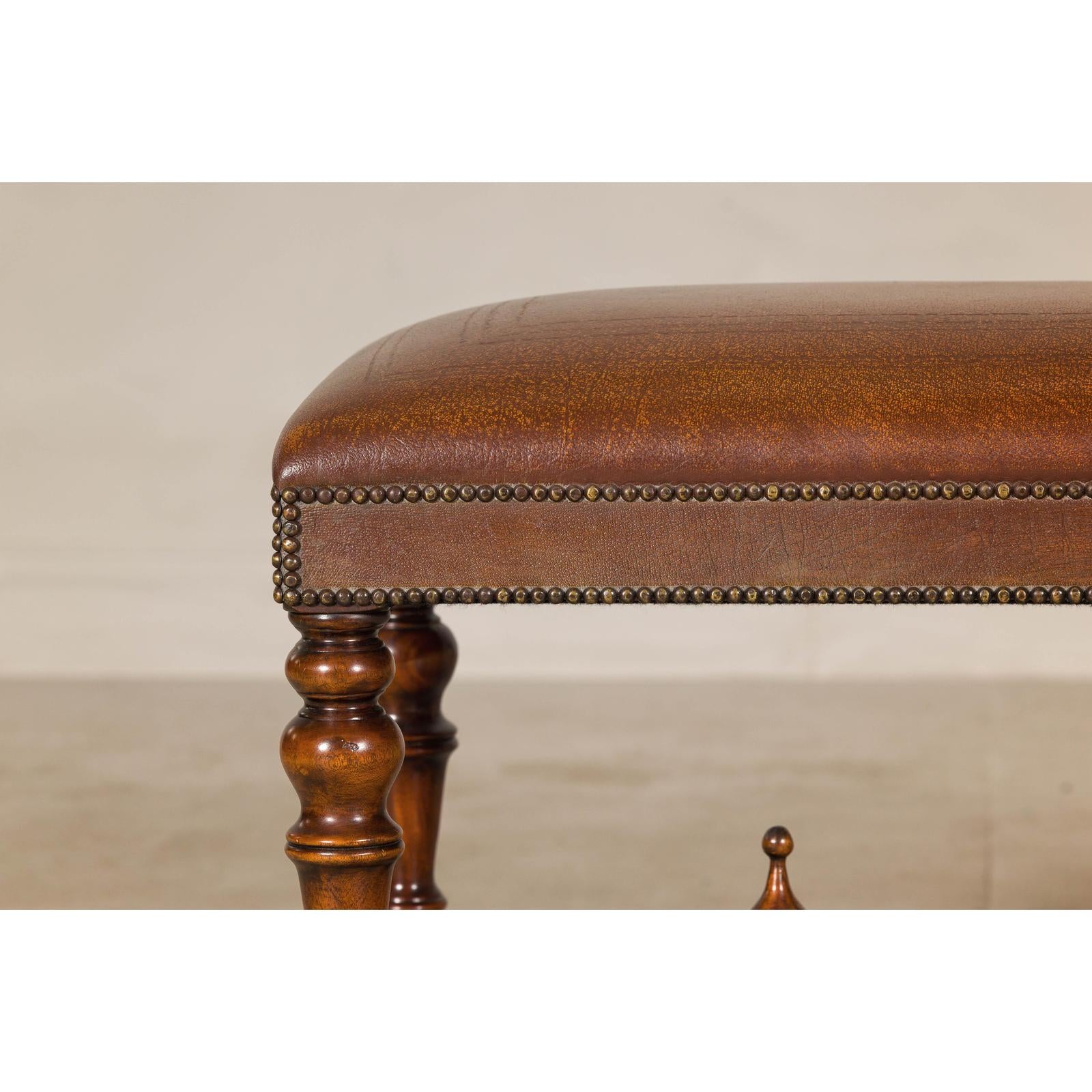 Theodore Alexander Louis XIII Style Leather Bench with Turned Hardwood Legs