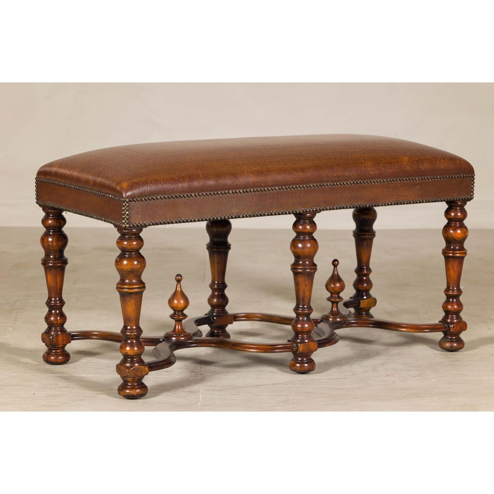 Theodore Alexander Louis XIII Style Leather Bench with Turned Hardwood Legs