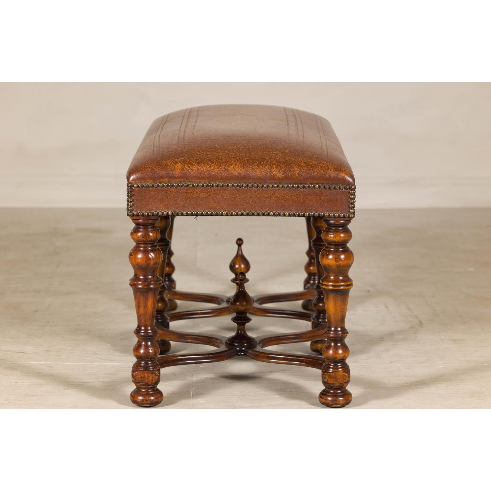 Theodore Alexander Louis XIII Style Leather Bench with Turned Hardwood Legs