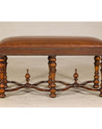Theodore Alexander Louis XIII Style Leather Bench with Turned Hardwood Legs