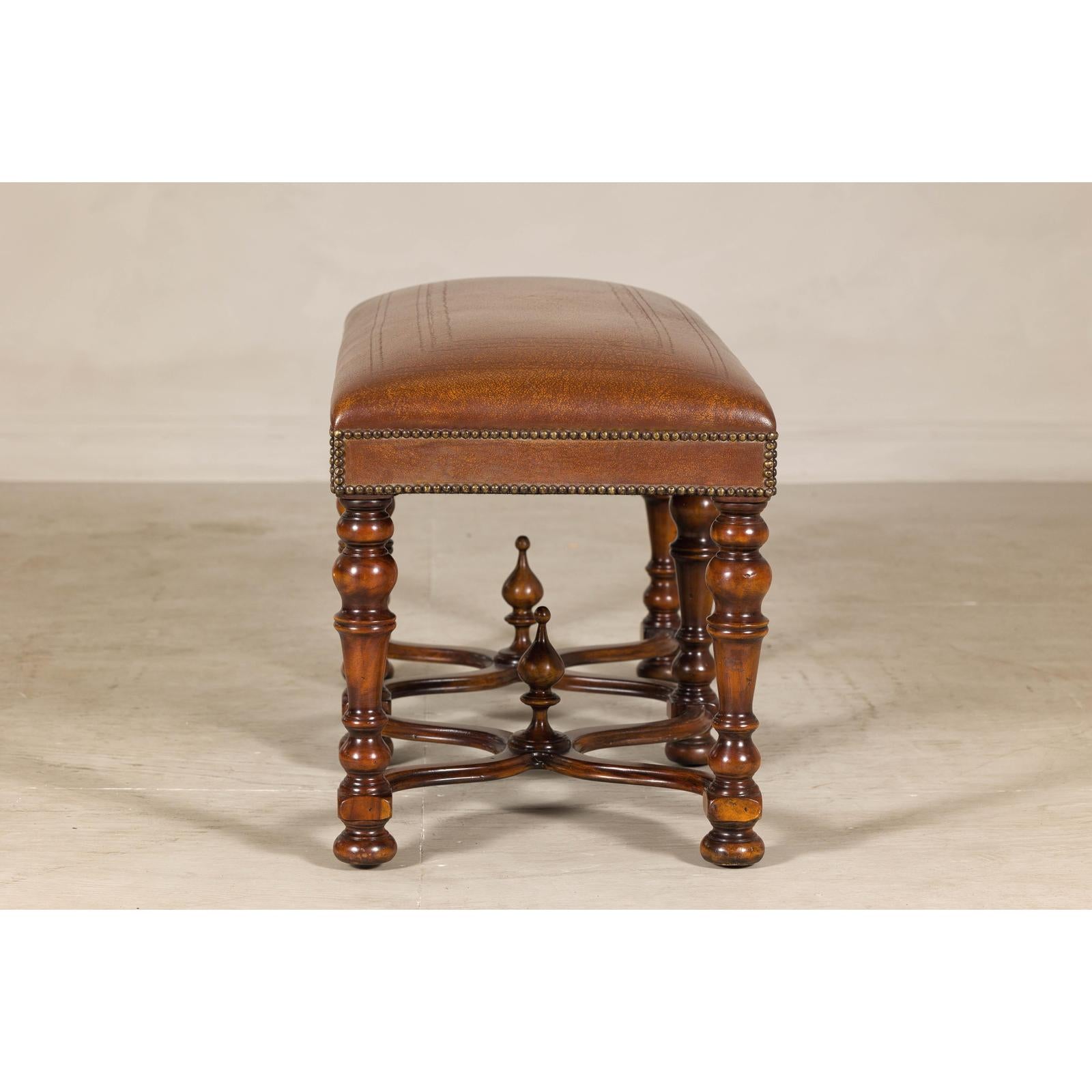 Theodore Alexander Louis XIII Style Leather Bench with Turned Hardwood Legs