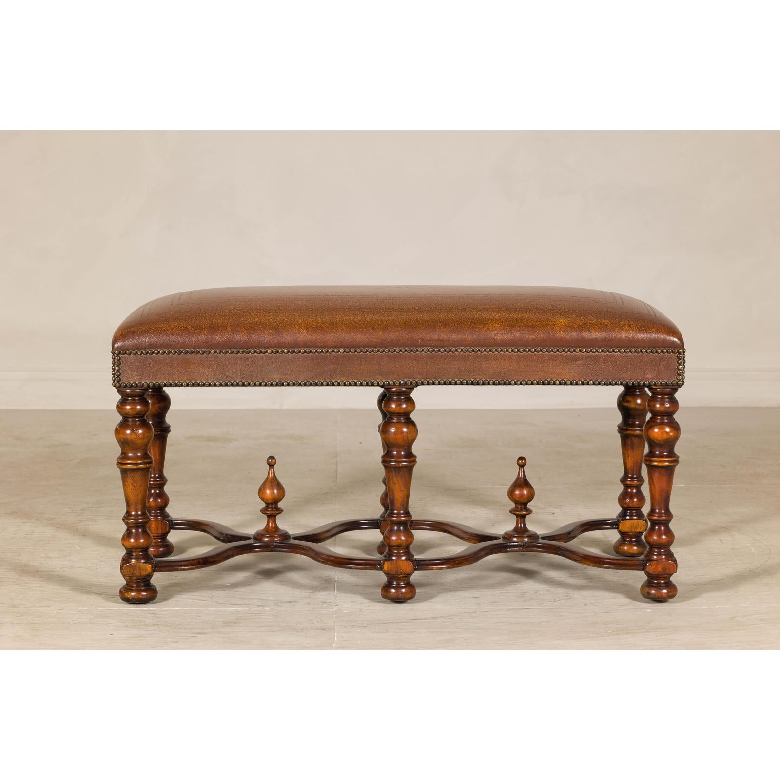 Theodore Alexander Louis XIII Style Leather Bench with Turned Hardwood Legs