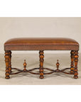 Theodore Alexander Louis XIII Style Leather Bench with Turned Hardwood Legs