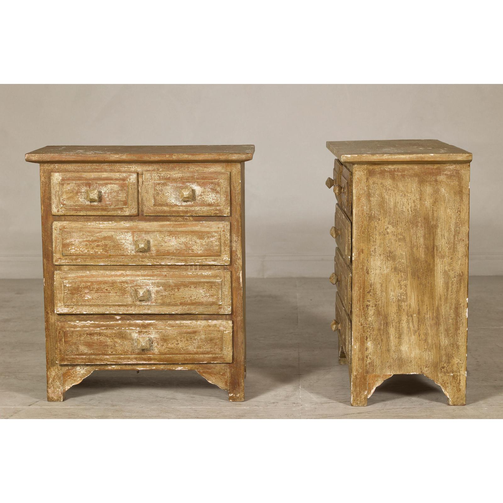 Pair of Distressed Vintage Nightstands with Subtle Brown and Green Patina