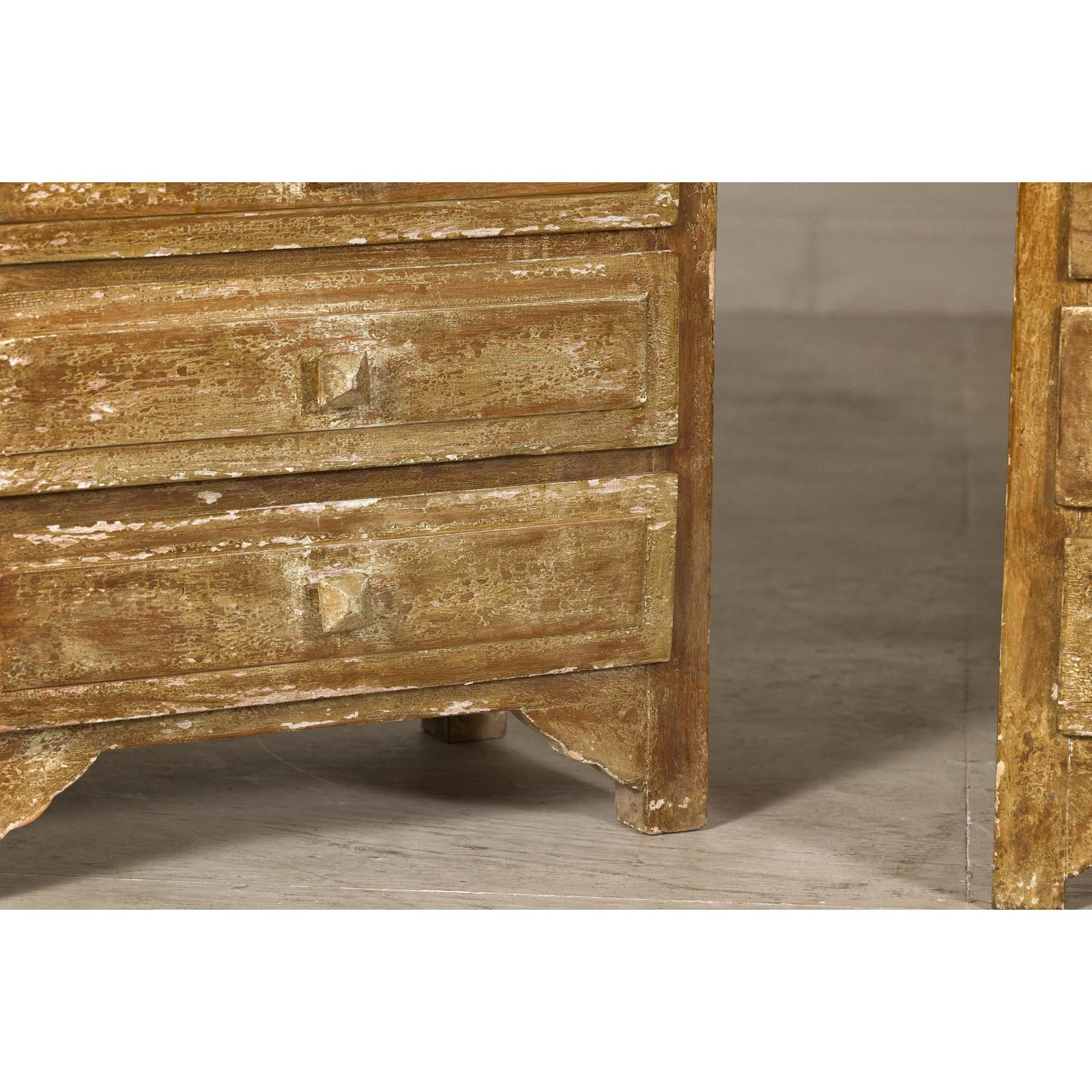Pair of Distressed Vintage Nightstands with Subtle Brown and Green Patina