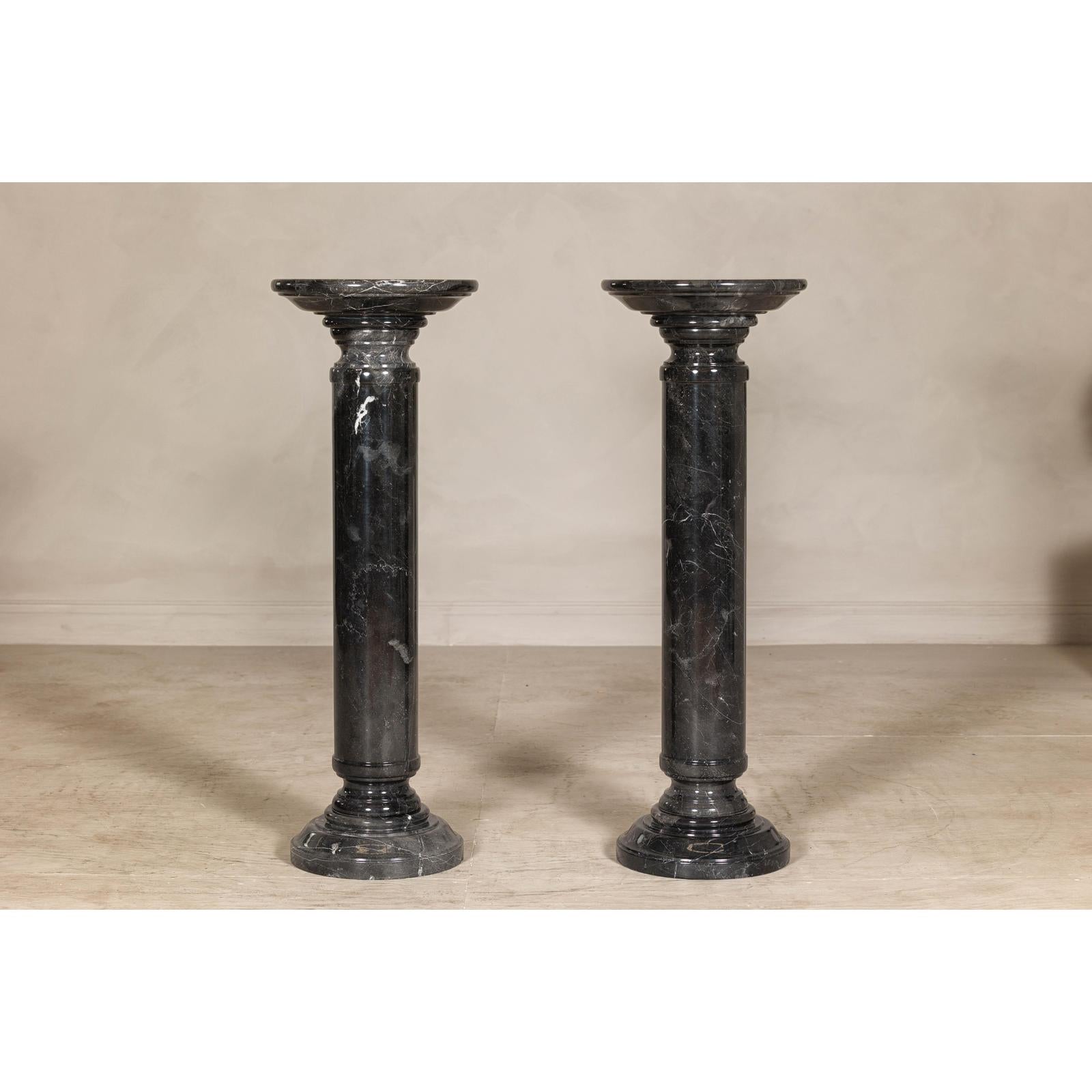 Vintage Black Marble Column Pedestal with White Veining, Sold Individually