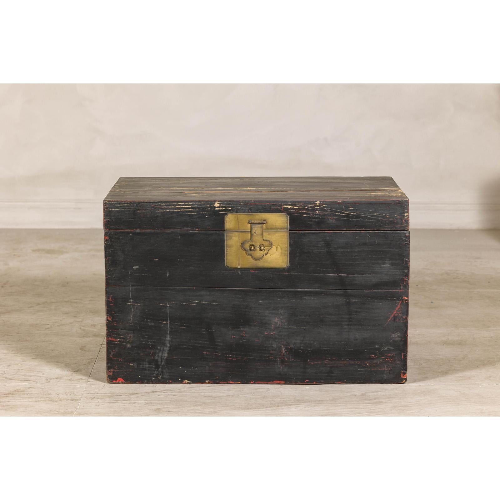 Qing Dynasty Elmwood Blanket Chest with Black Lacquer Finish and Brass Accents