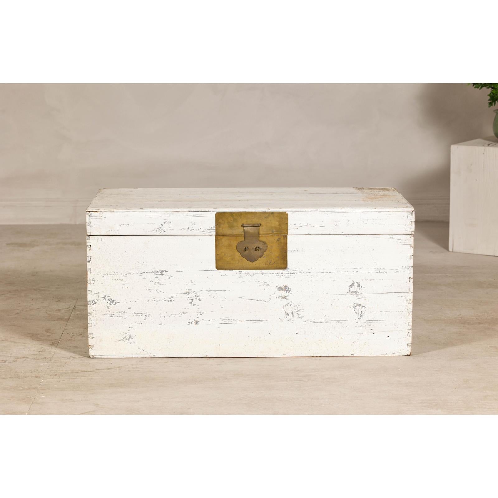 Vintage White Weathered Blanket Chest with Brass Hardware, Storage Piece