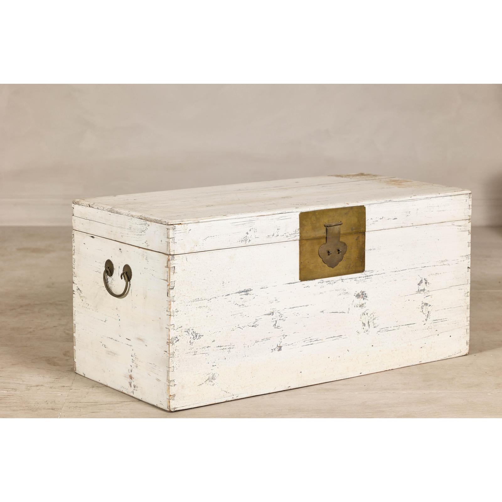 Vintage White Weathered Blanket Chest with Brass Hardware, Storage Piece