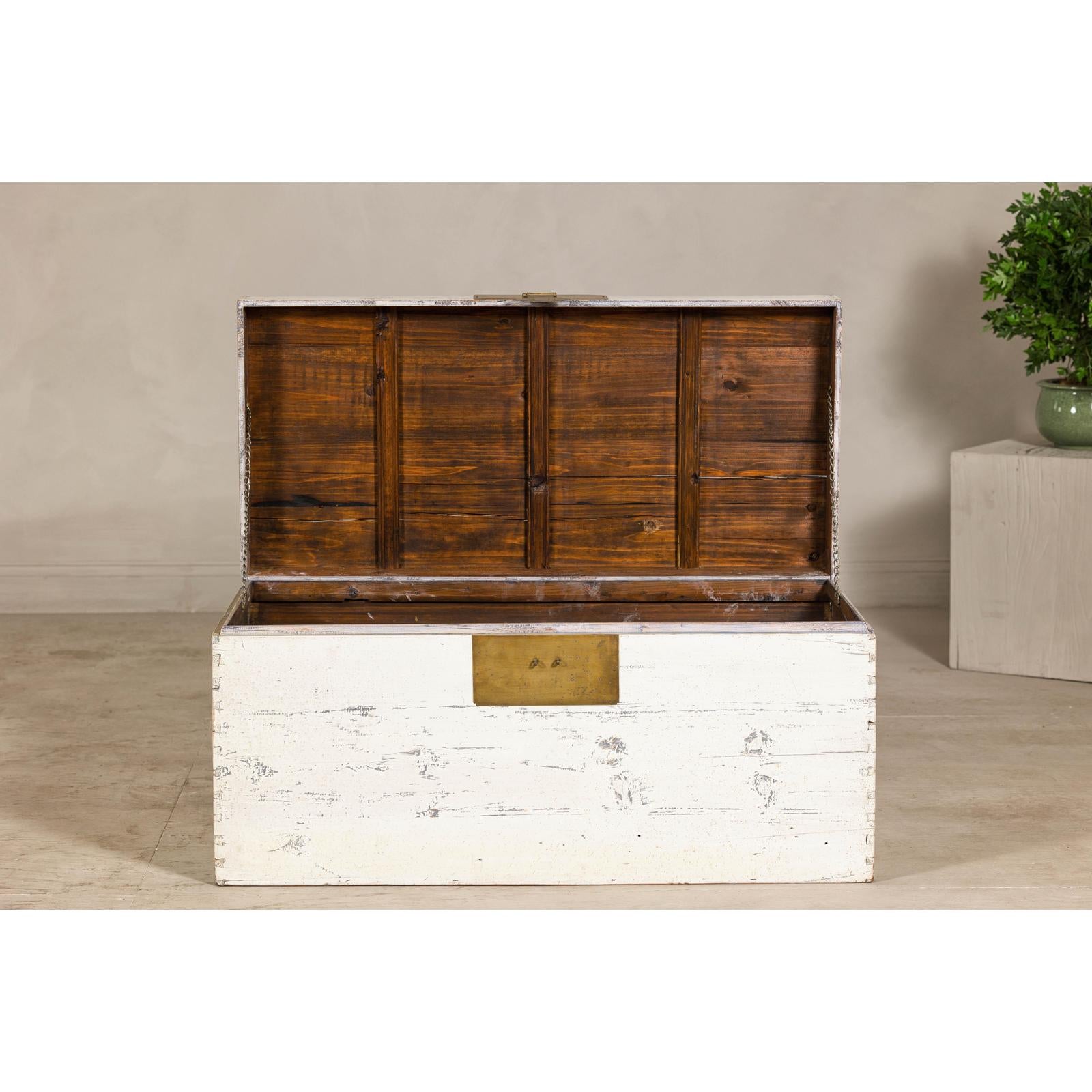 Vintage White Weathered Blanket Chest with Brass Hardware, Storage Piece