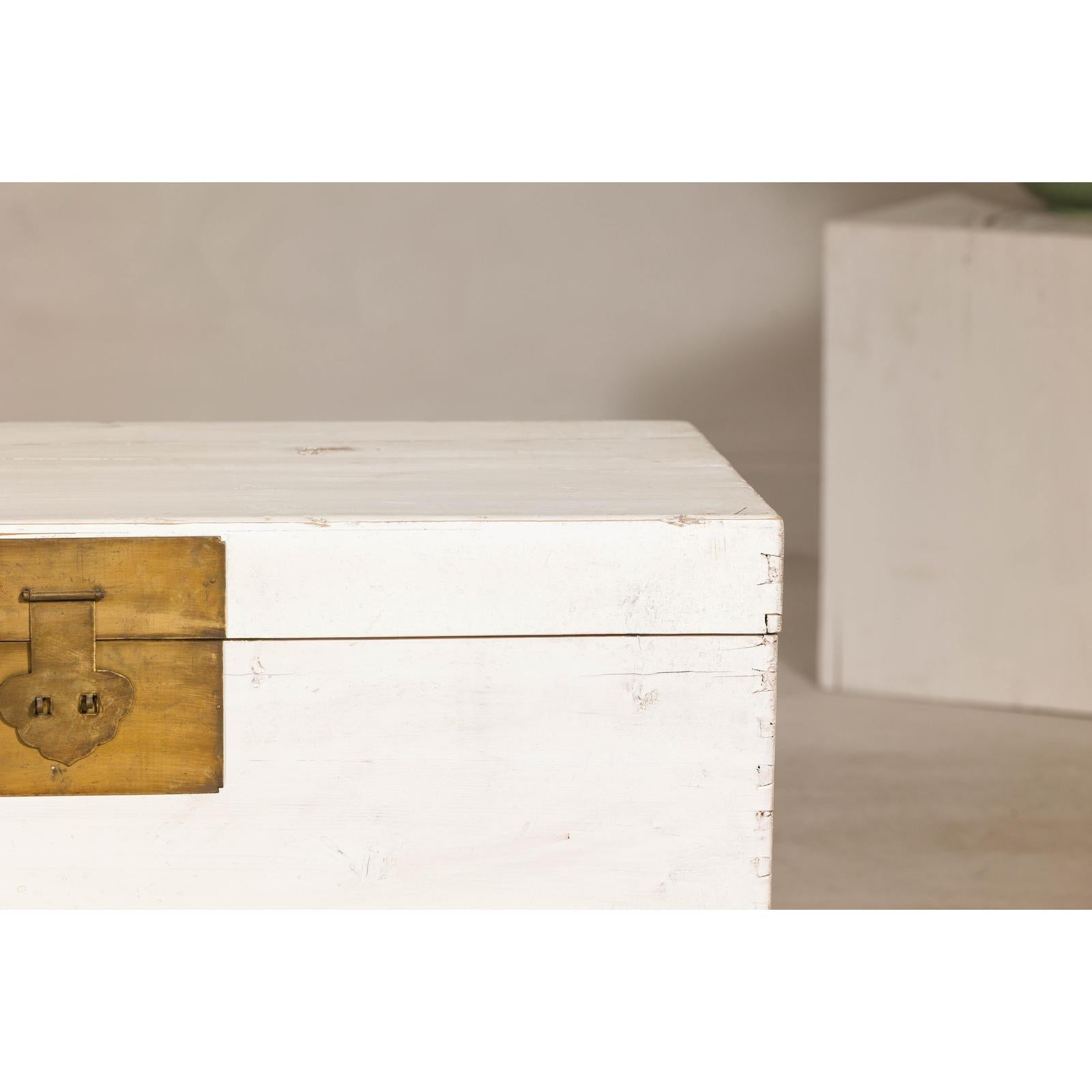 Midcentury Whitewashed Blanket Chest with Brass Hardware and Storage