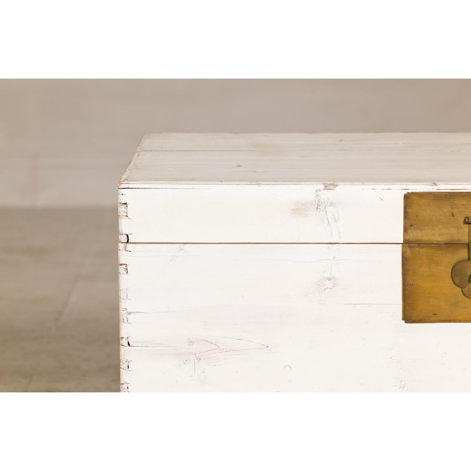 Midcentury Whitewashed Blanket Chest with Brass Hardware and Storage