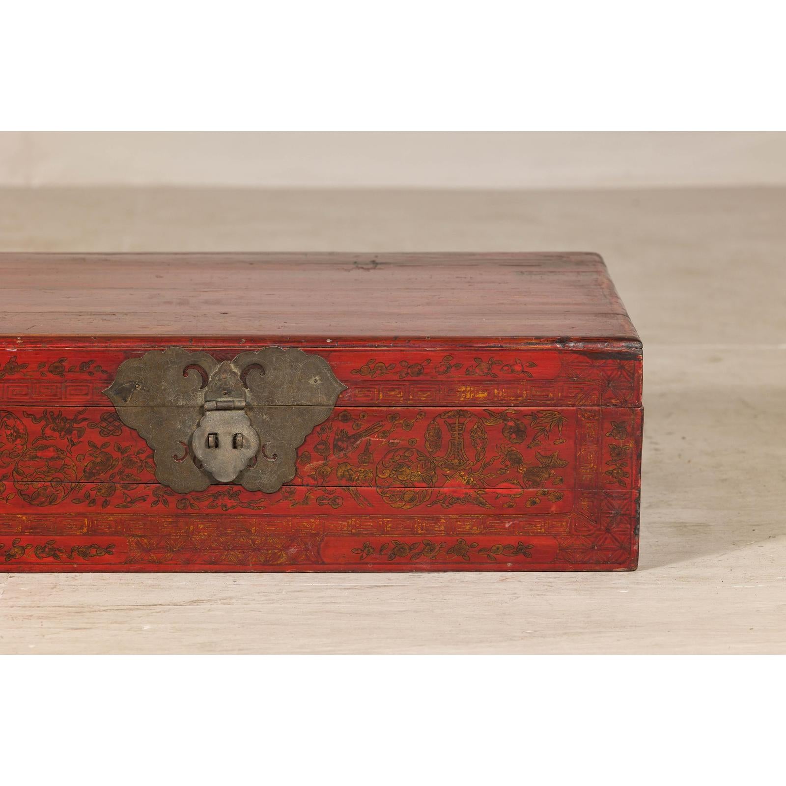 Late Qing Dynasty Red Lacquer Document Box with Gilt Floral Scrolling Motifs