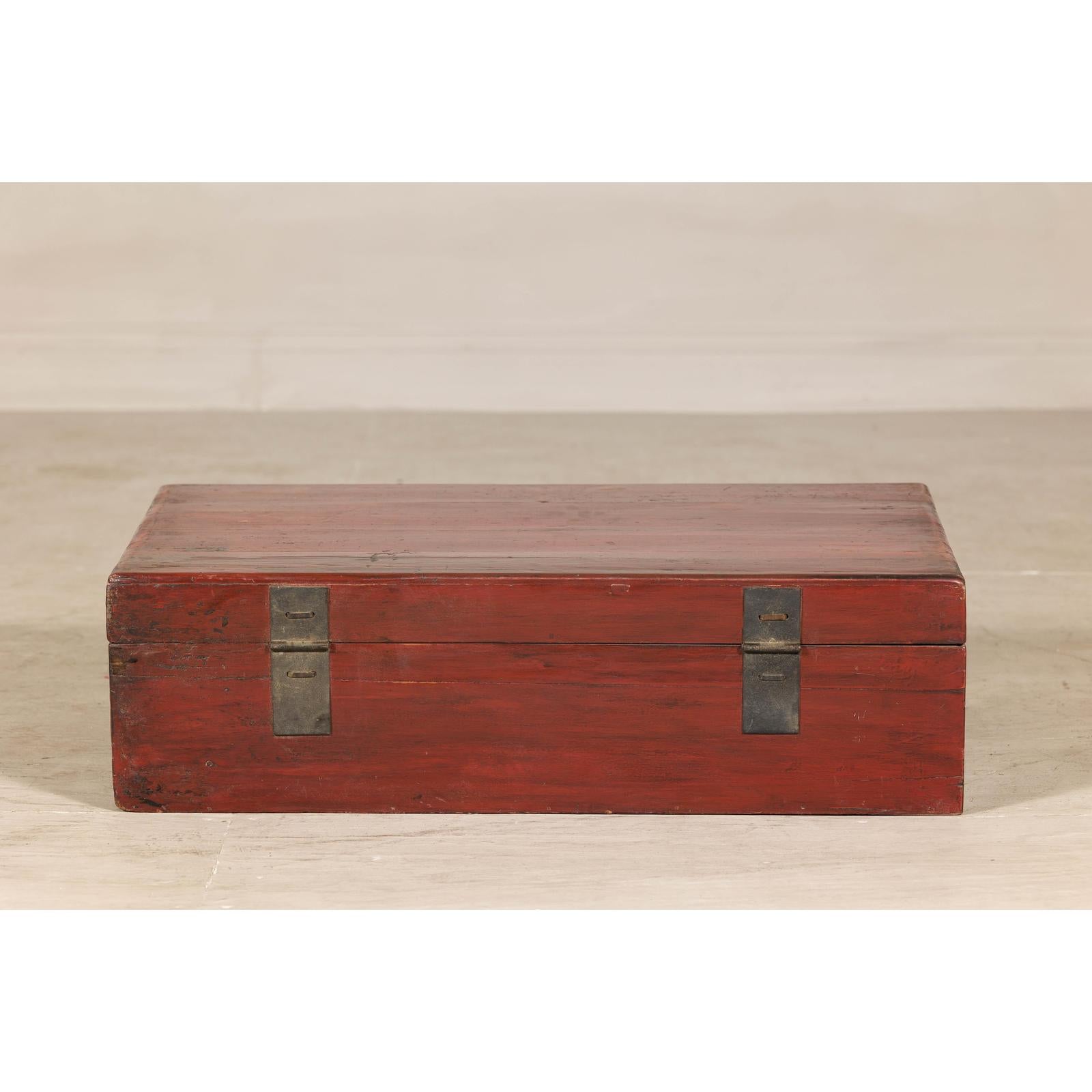 Late Qing Dynasty Red Lacquer Document Box with Gilt Floral Scrolling Motifs