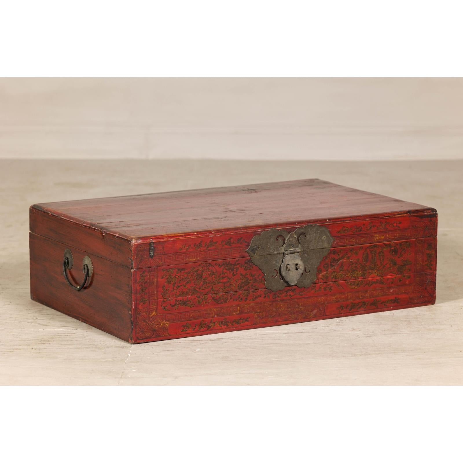 Late Qing Dynasty Red Lacquer Document Box with Gilt Floral Scrolling Motifs