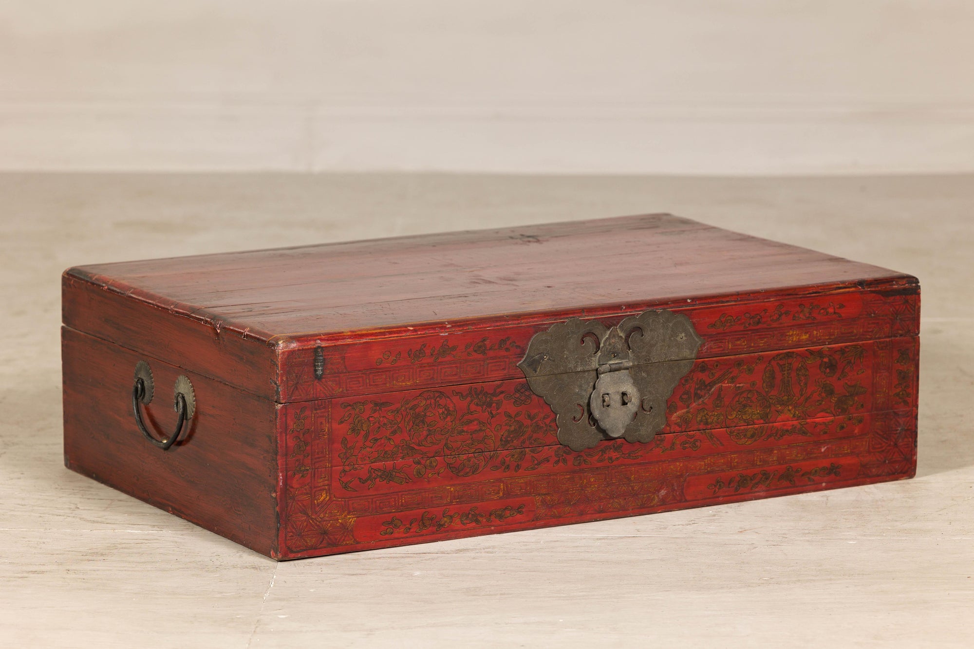 Late Qing Dynasty Red Lacquer Document Box with Gilt Floral Scrolling Motifs