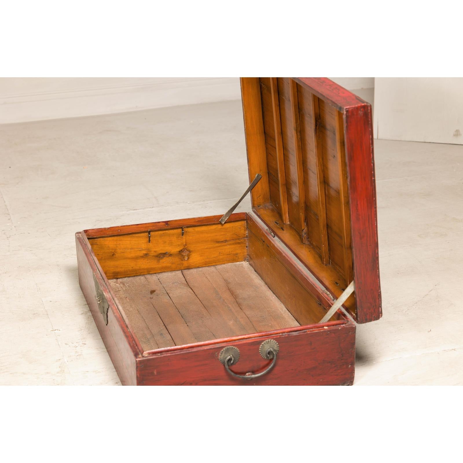 Late Qing Dynasty Red Lacquer Document Box with Gilt Floral Scrolling Motifs