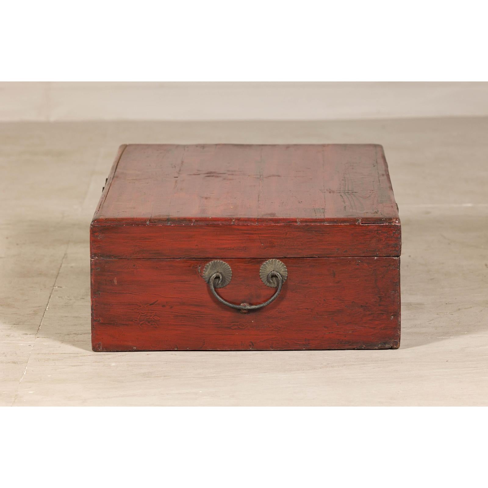 Late Qing Dynasty Red Lacquer Document Box with Gilt Floral Scrolling Motifs