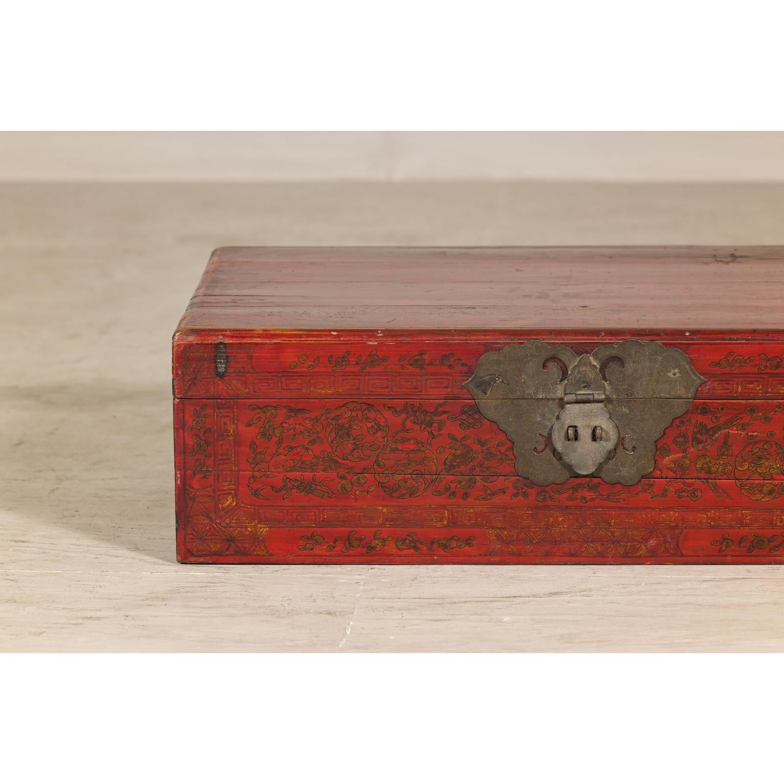 Late Qing Dynasty Red Lacquer Document Box with Gilt Floral Scrolling Motifs