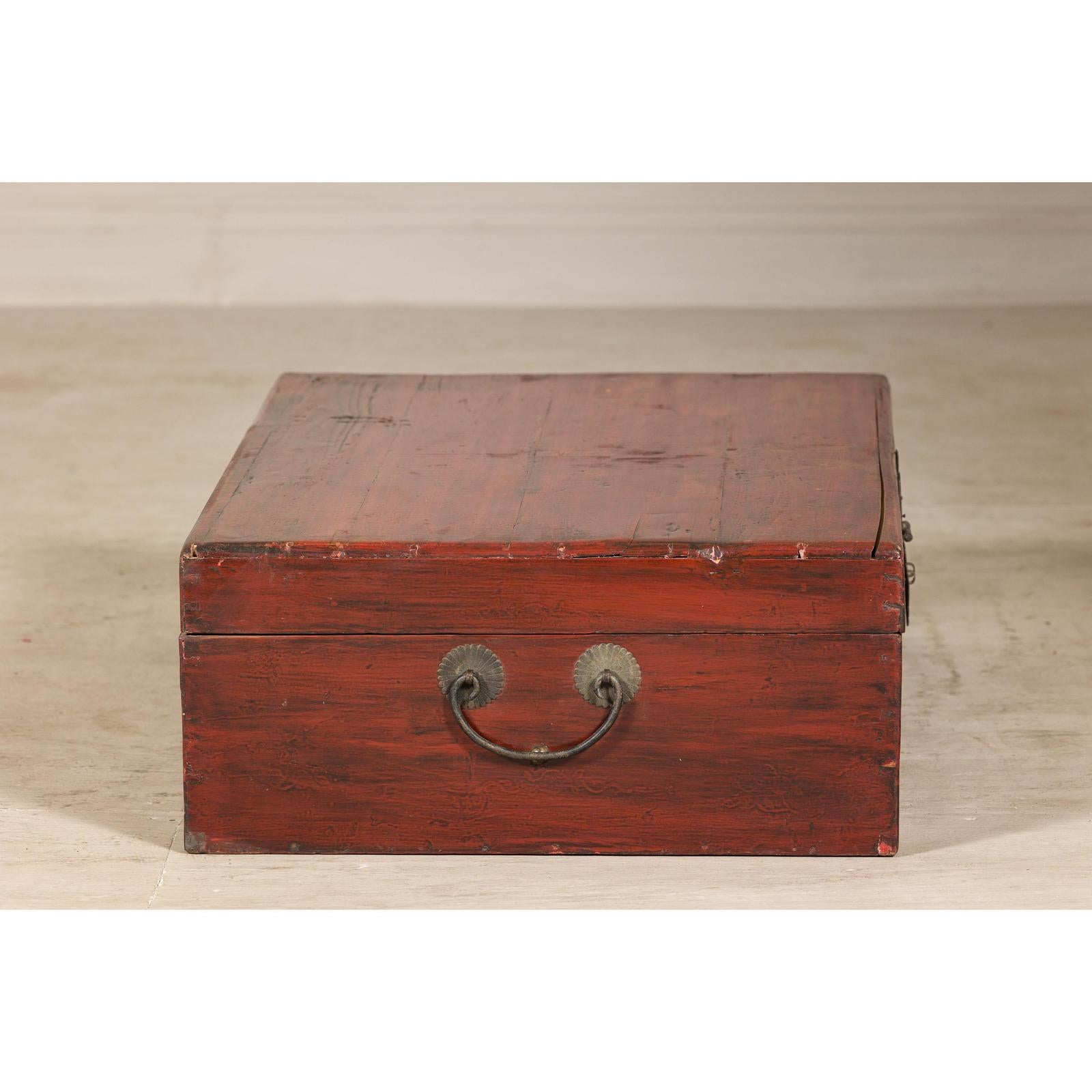 Late Qing Dynasty Red Lacquer Document Box with Gilt Floral Scrolling Motifs
