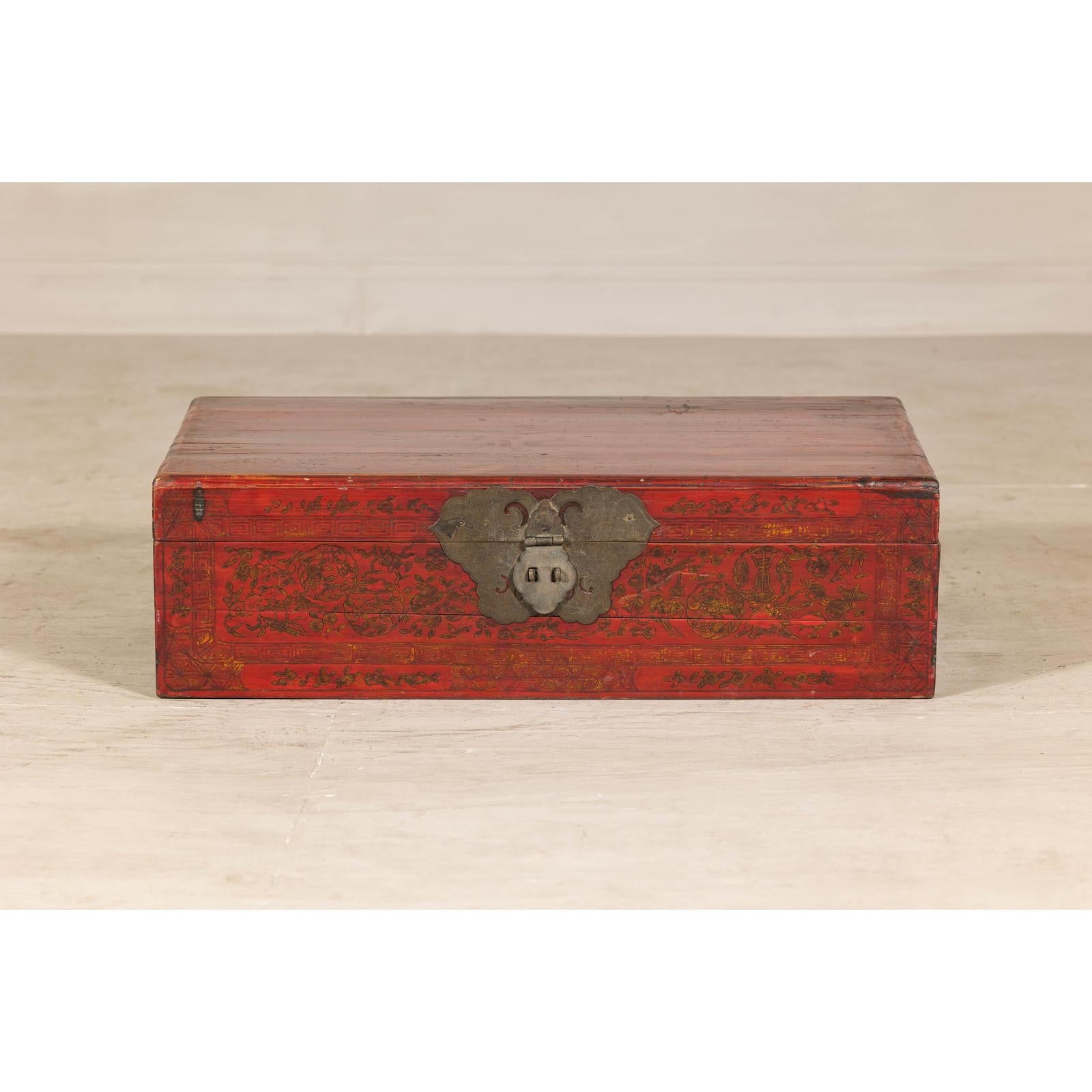 Late Qing Dynasty Red Lacquer Document Box with Gilt Floral Scrolling Motifs