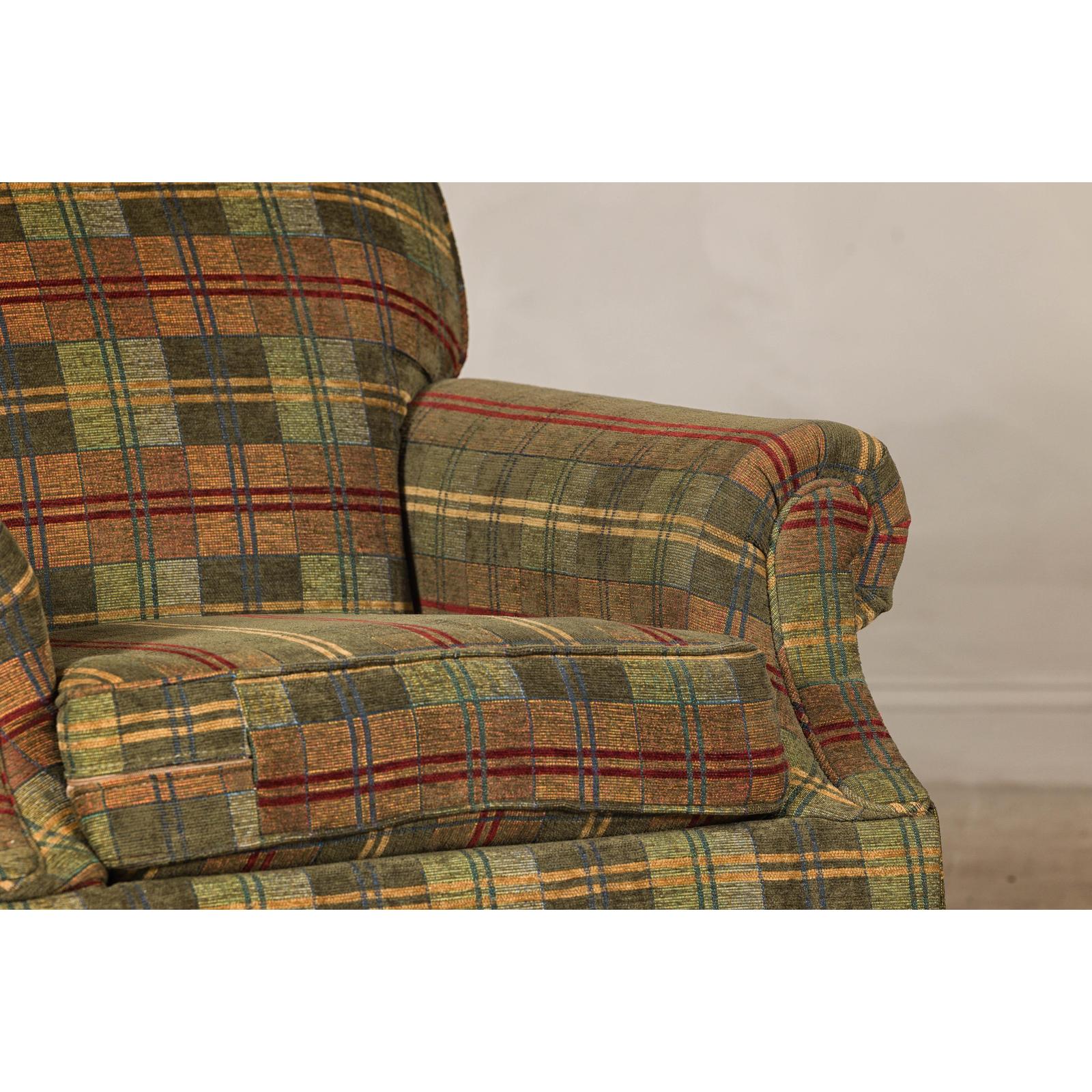 Pair of Kravet Plaid Upholstered Club Chairs with Skirted Base for Cozy Seating