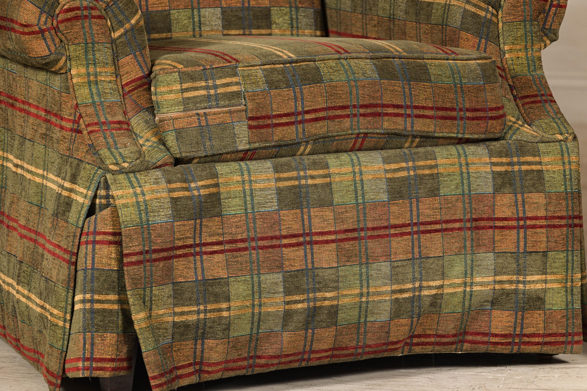 Pair of Kravet Plaid Upholstered Club Chairs with Skirted Base for Cozy Seating