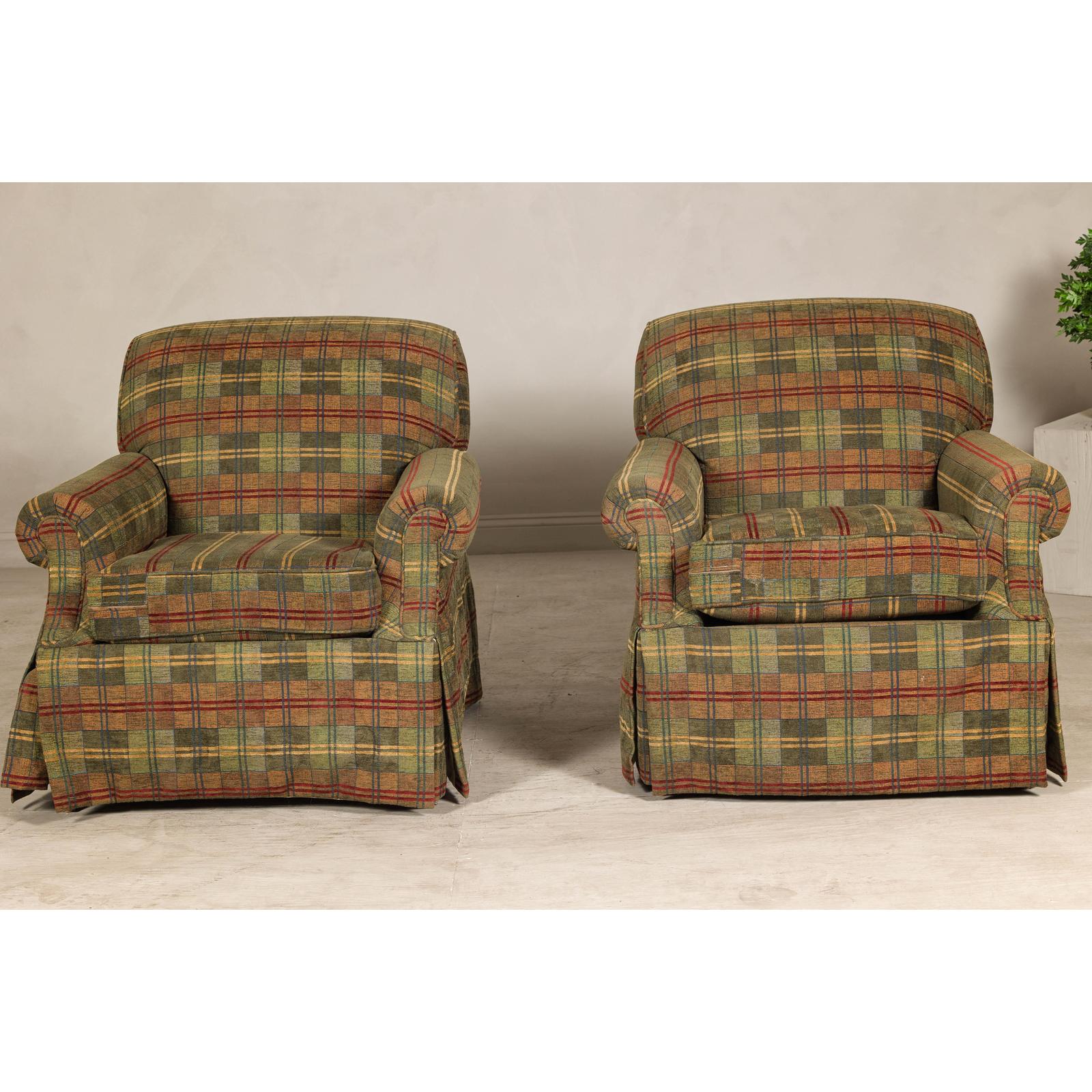Pair of Kravet Plaid Upholstered Club Chairs with Skirted Base for Cozy Seating
