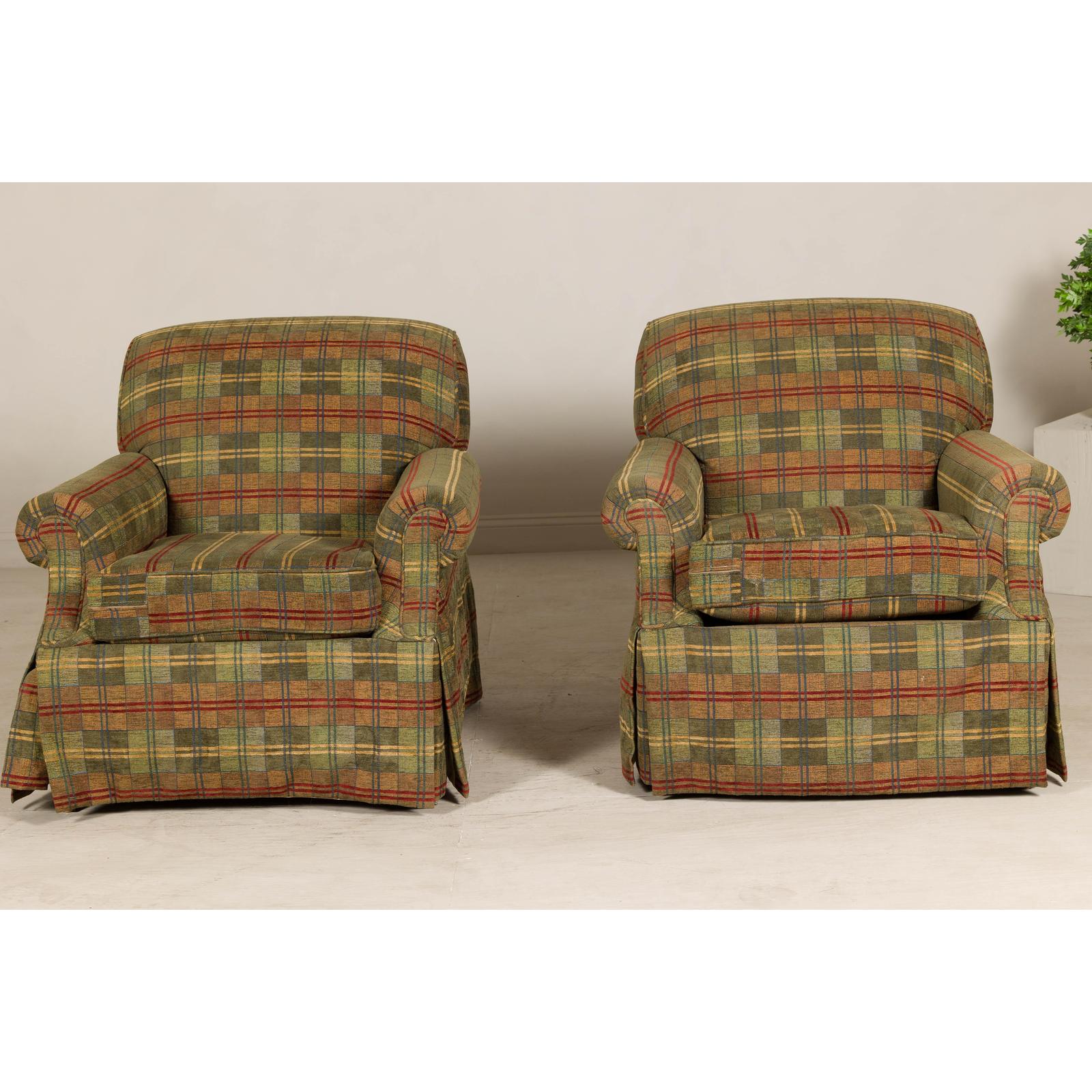 Pair of Kravet Plaid Upholstered Club Chairs with Skirted Base for Cozy Seating