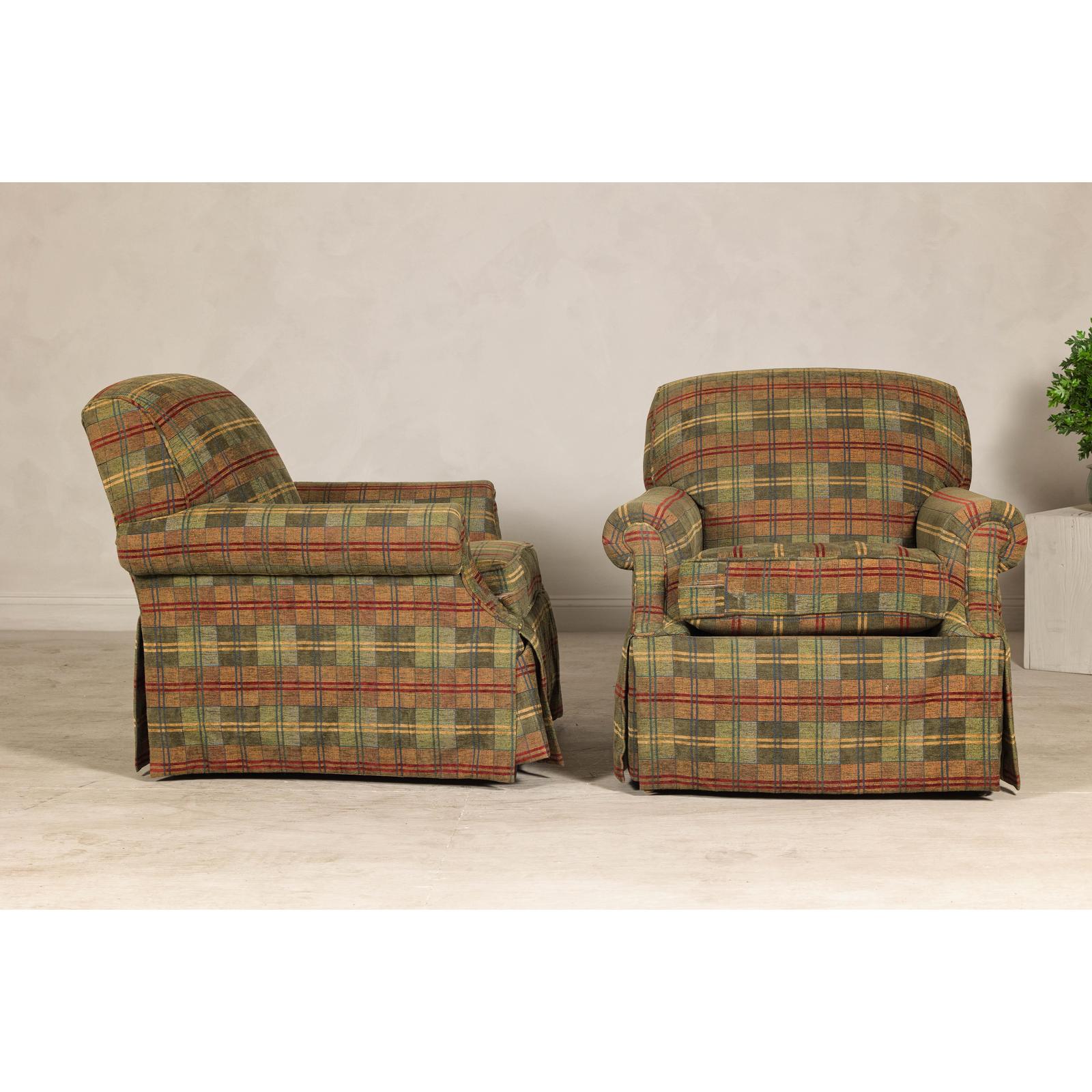 Pair of Kravet Plaid Upholstered Club Chairs with Skirted Base for Cozy Seating