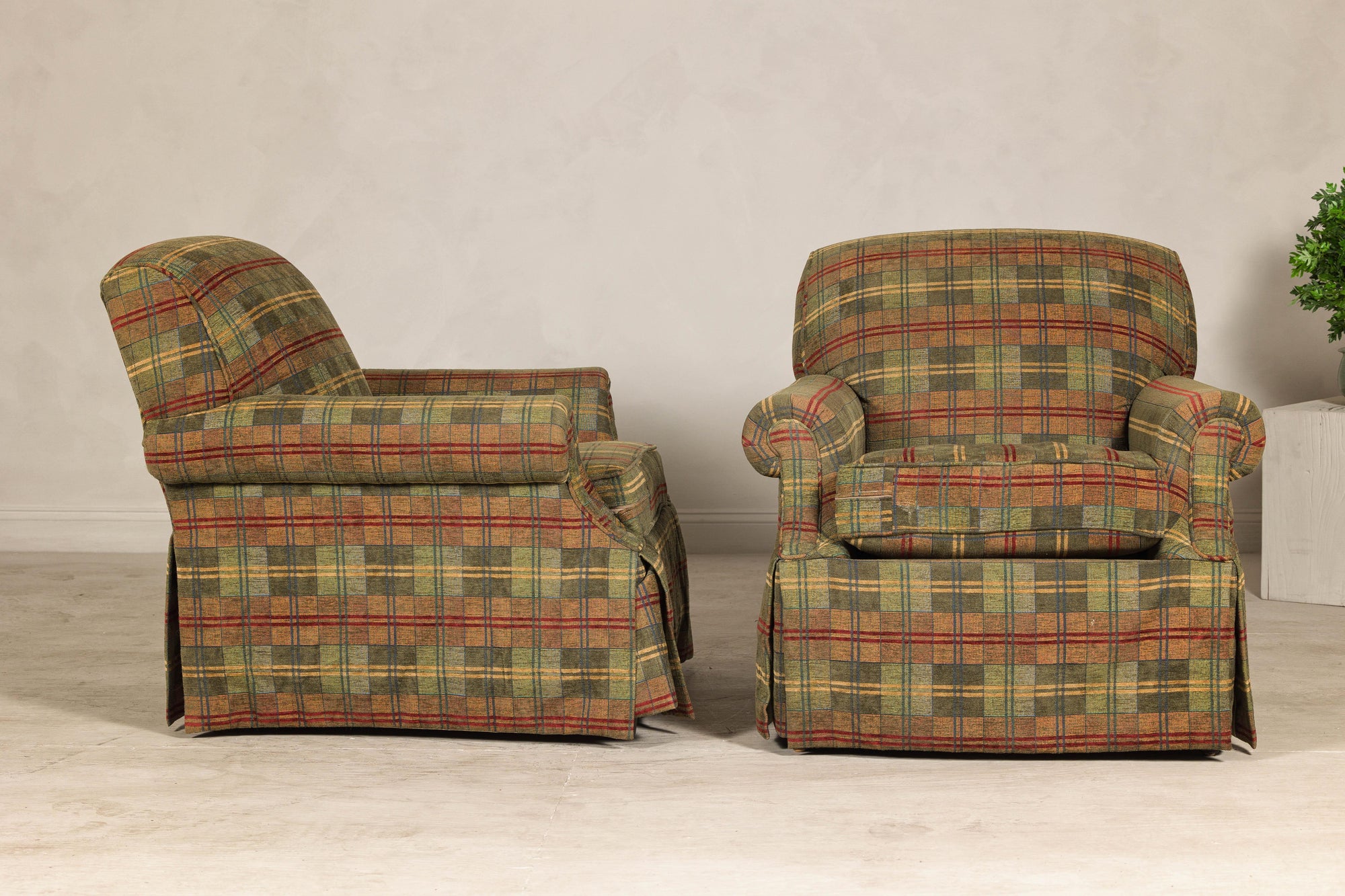 Pair of Kravet Plaid Upholstered Club Chairs with Skirted Base for Cozy Seating