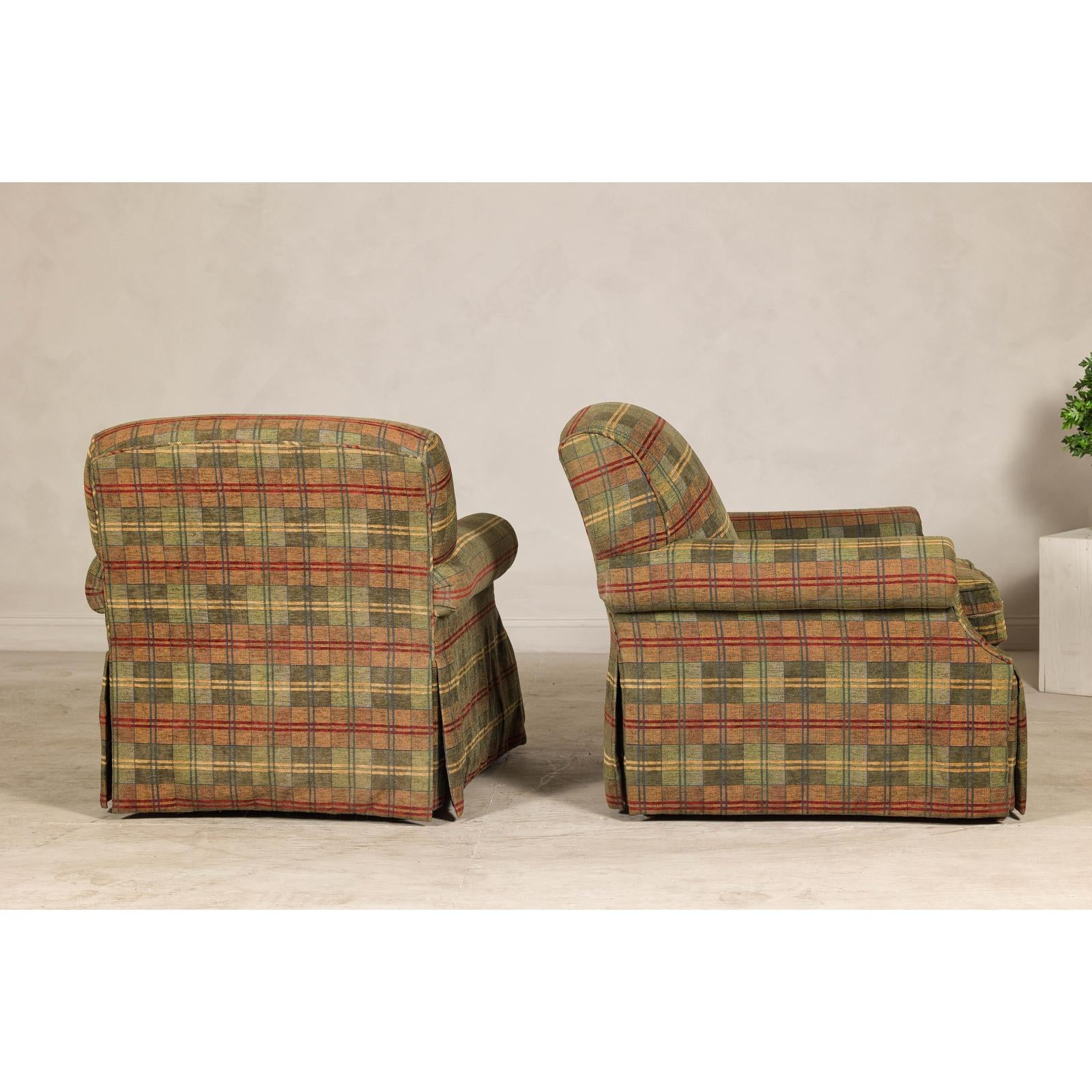 Pair of Kravet Plaid Upholstered Club Chairs with Skirted Base for Cozy Seating