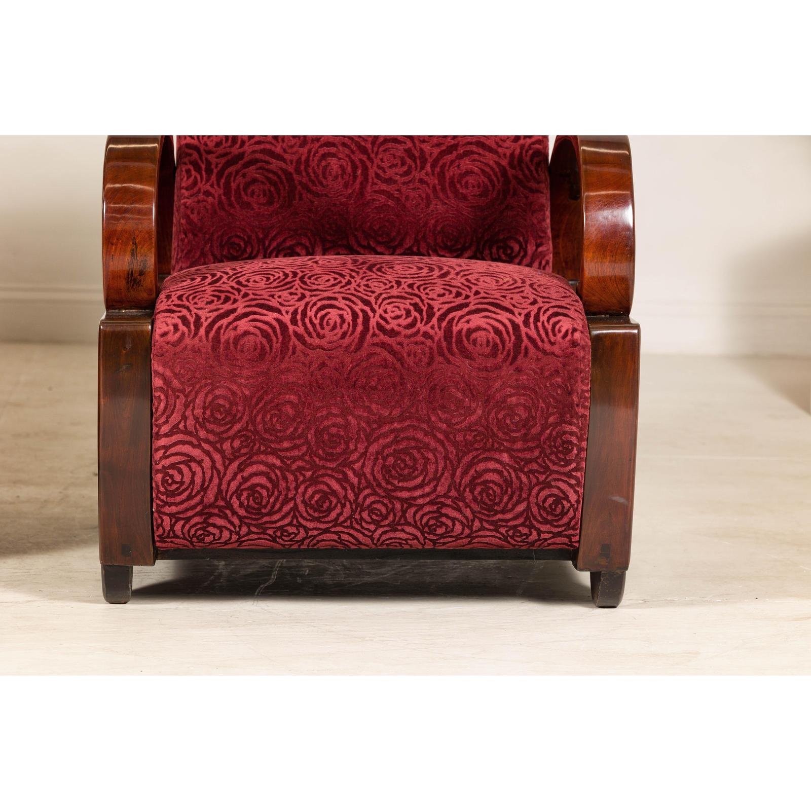 Pair of Vintage Art Deco Club Chairs in Mahogany with Burgundy Rose Upholstery