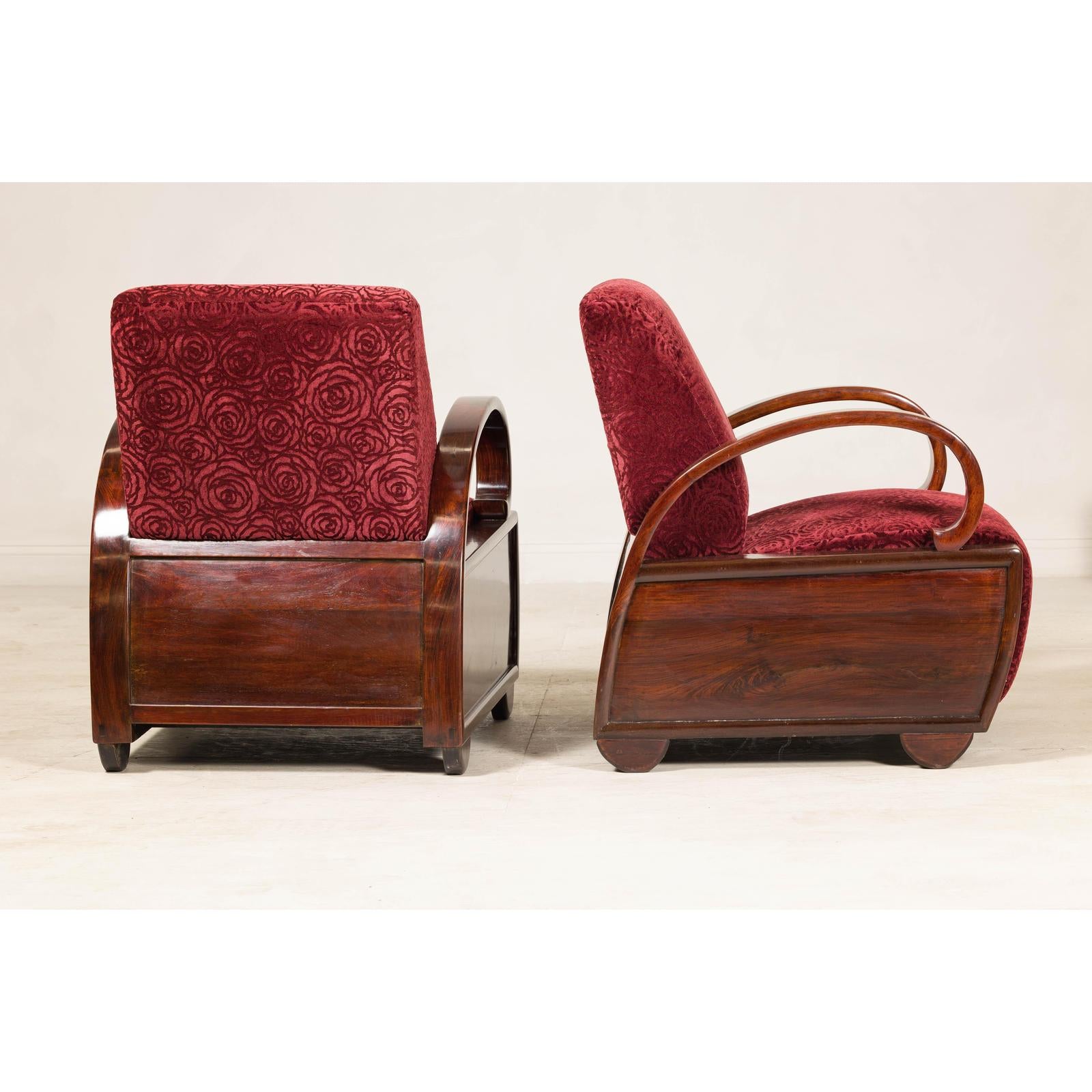 Pair of Vintage Art Deco Club Chairs in Mahogany with Burgundy Rose Upholstery