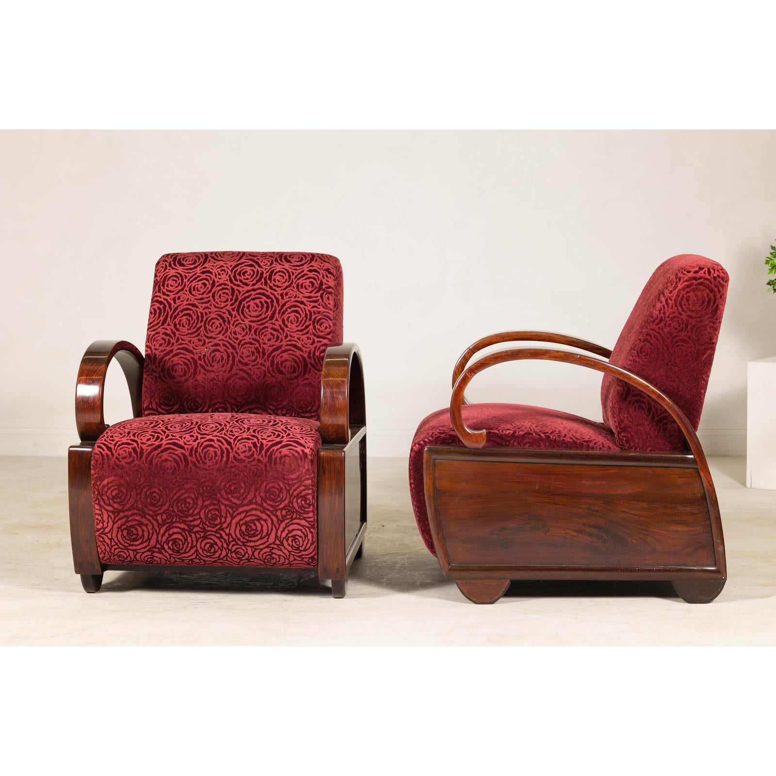 Pair of Vintage Art Deco Club Chairs in Mahogany with Burgundy Rose Upholstery