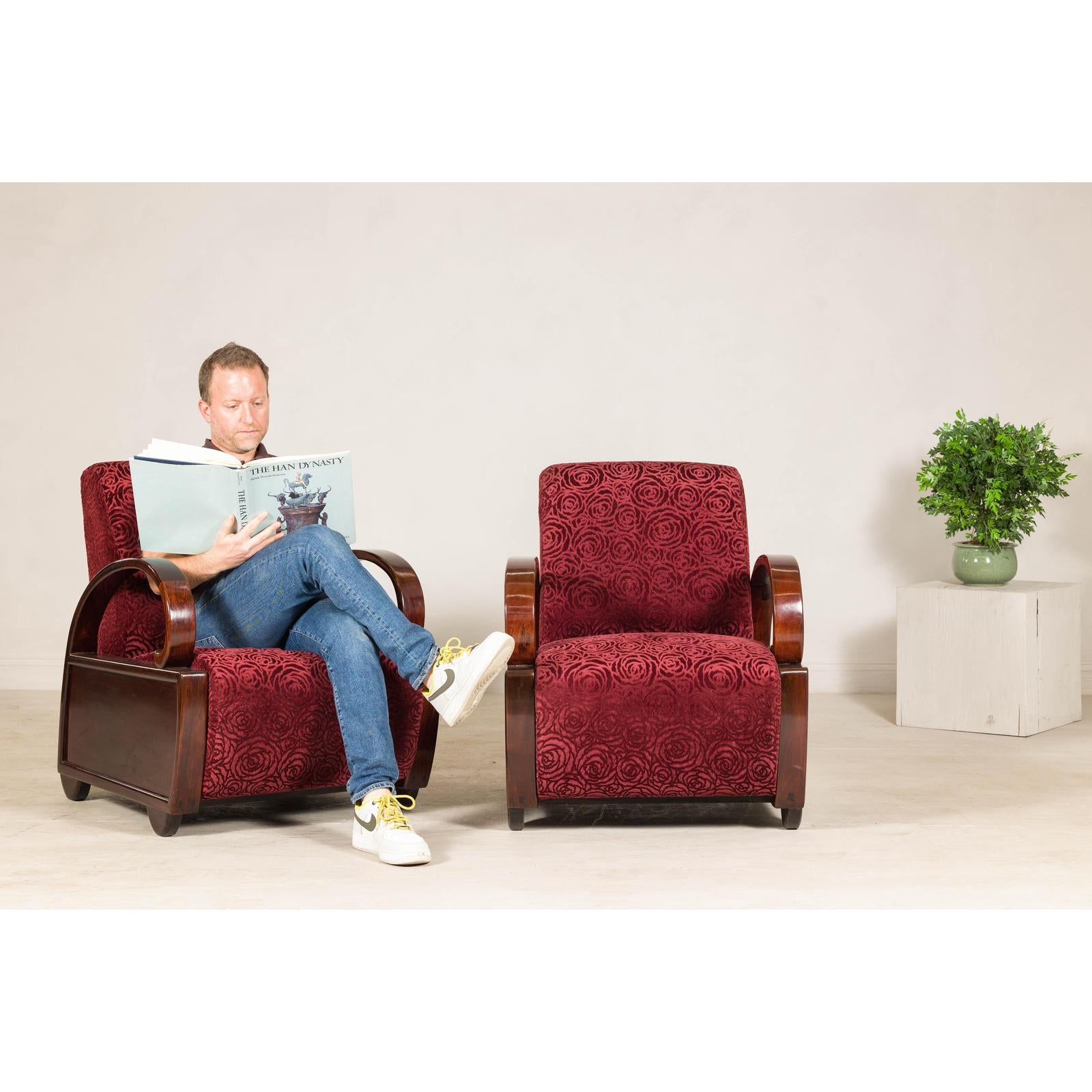 Pair of Vintage Art Deco Club Chairs in Mahogany with Burgundy Rose Upholstery