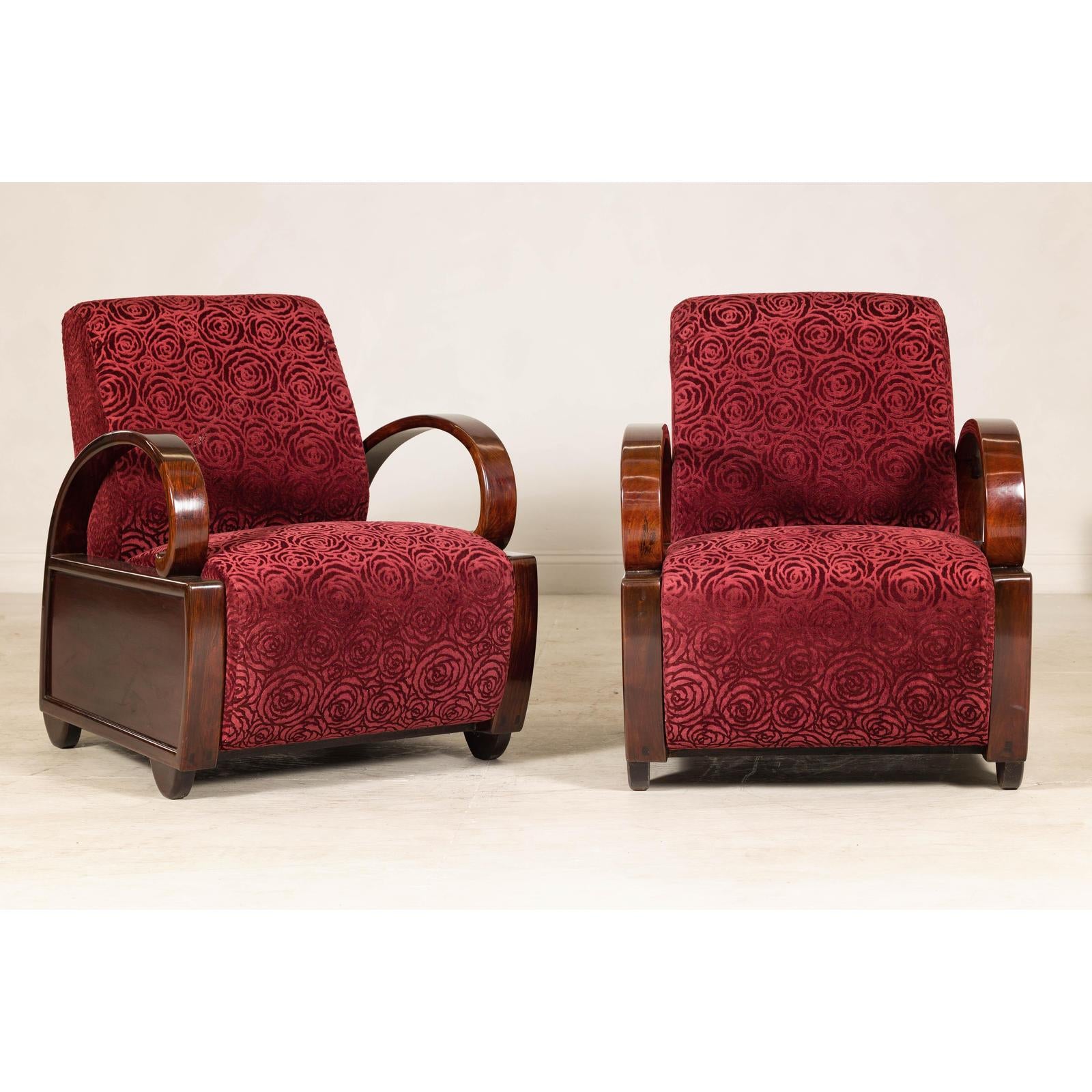 Pair of Vintage Art Deco Club Chairs in Mahogany with Burgundy Rose Upholstery