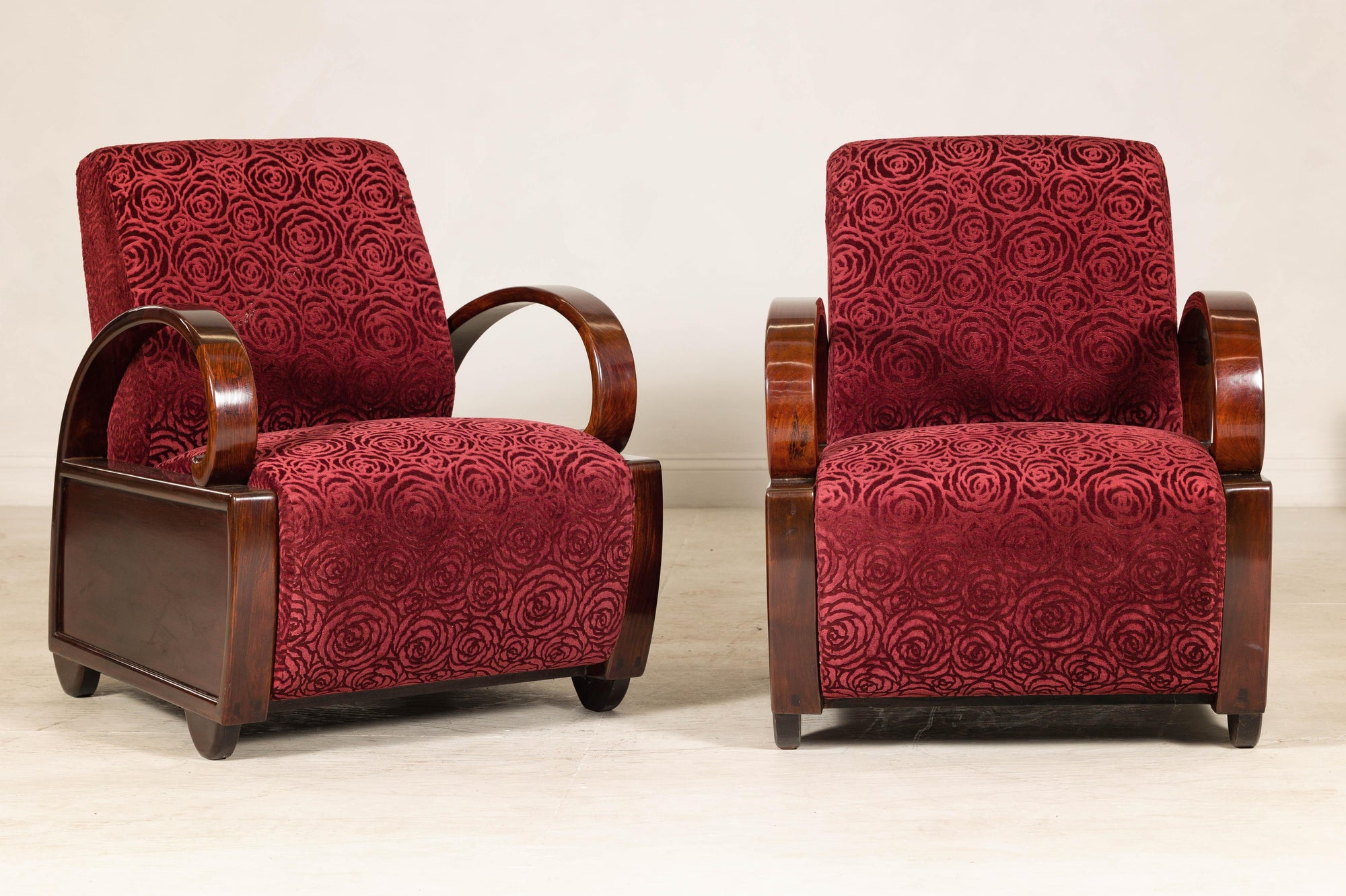 Pair of Vintage Art Deco Club Chairs in Mahogany with Burgundy Rose Upholstery