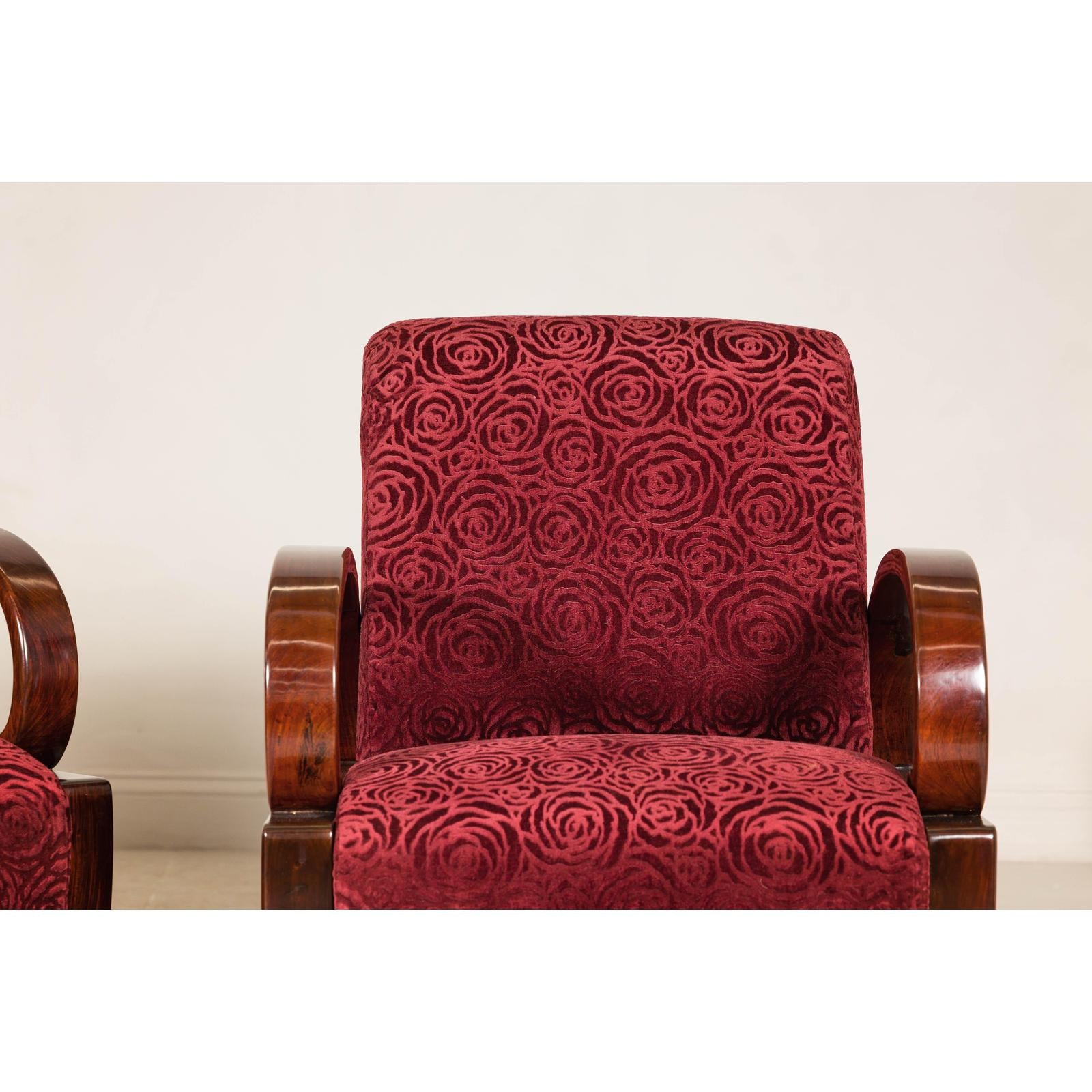 Pair of Vintage Art Deco Club Chairs in Mahogany with Burgundy Rose Upholstery