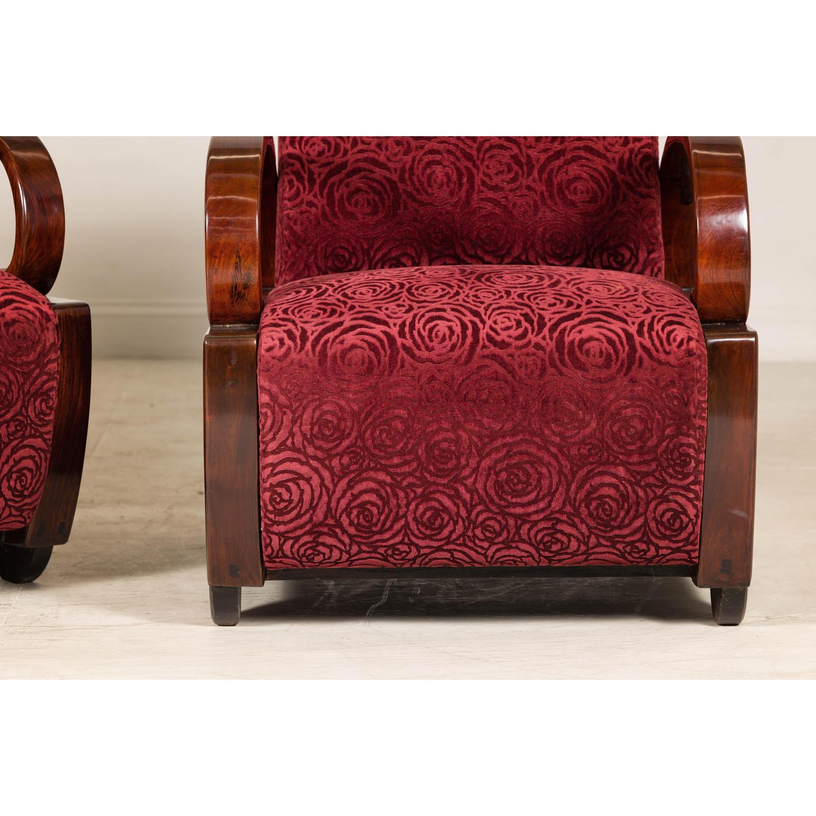 Pair of Vintage Art Deco Club Chairs in Mahogany with Burgundy Rose Upholstery