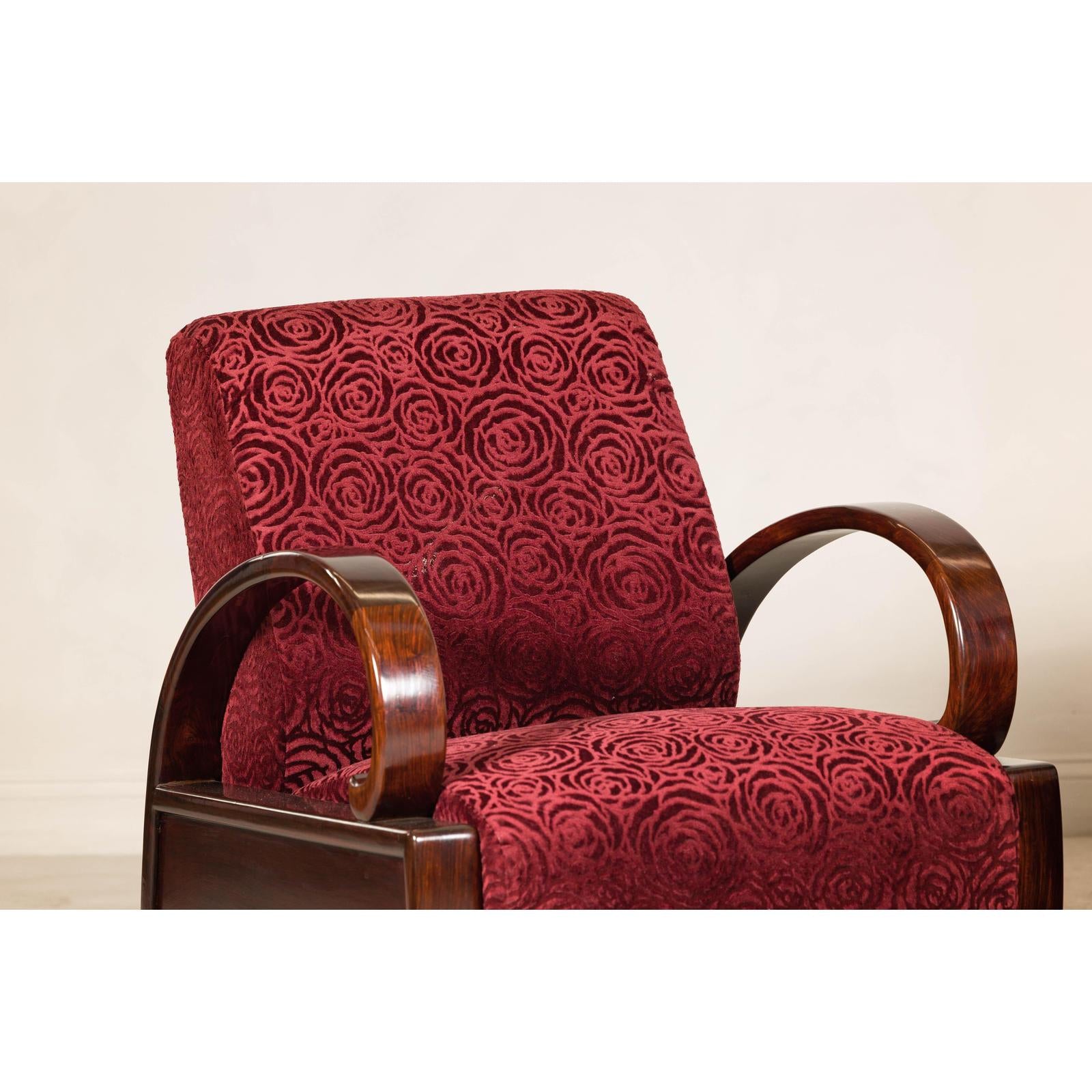 Pair of Vintage Art Deco Club Chairs in Mahogany with Burgundy Rose Upholstery