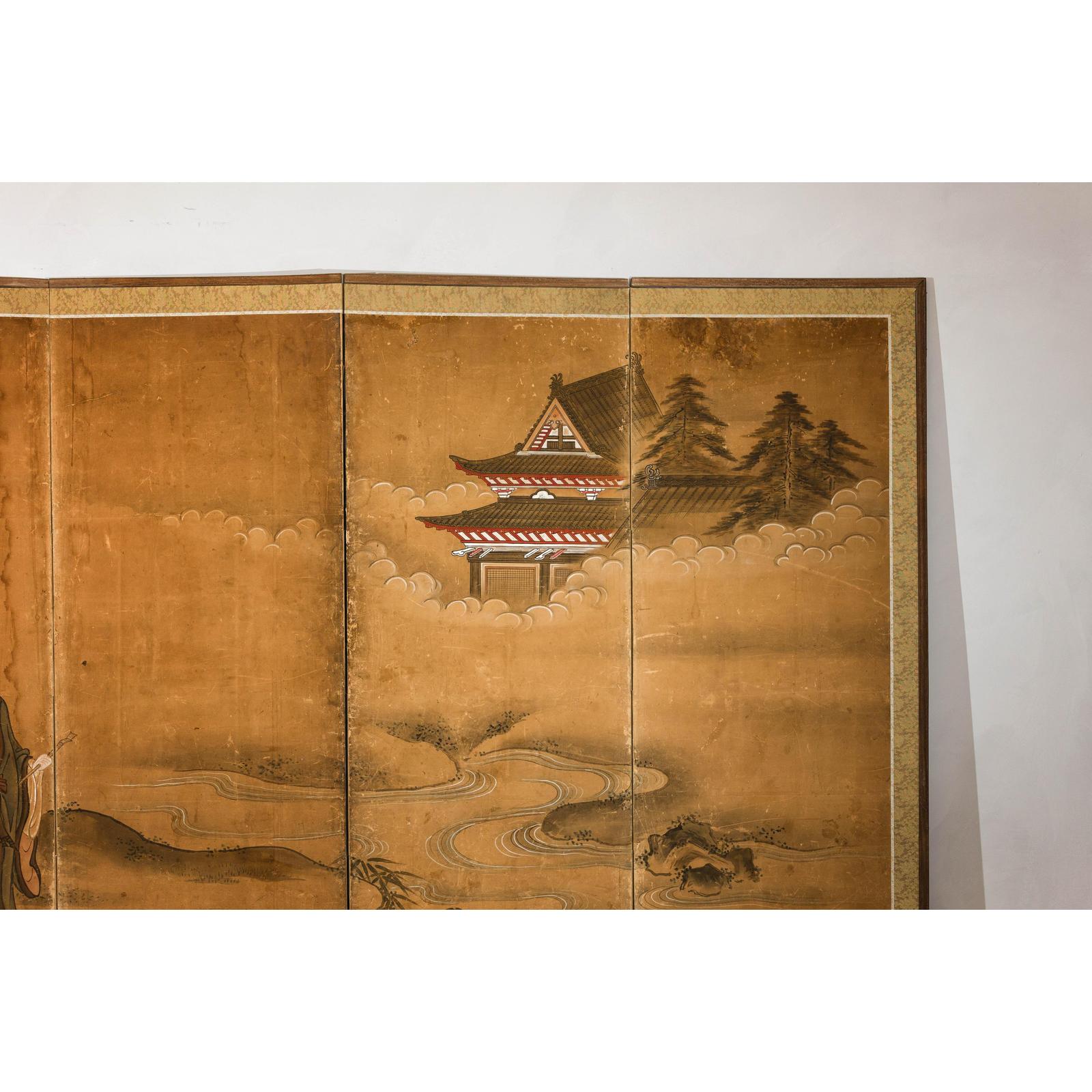 Meiji Six-Panel Folding Screen with Courtly Landscape and Pavilion-10. Asian &amp; Chinese Furniture, Art, Antiques, Vintage Home Décor for sale at FEA Home