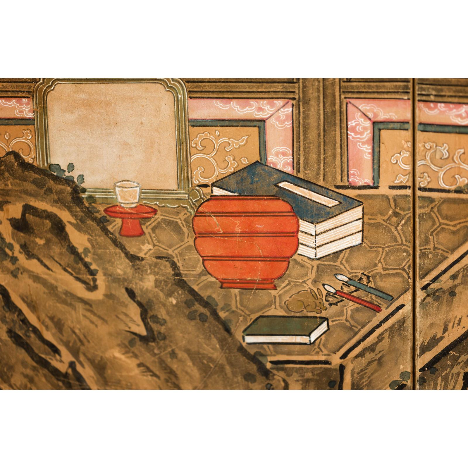 Meiji Six-Panel Folding Screen with Courtly Landscape and Pavilion-17. Asian &amp; Chinese Furniture, Art, Antiques, Vintage Home Décor for sale at FEA Home