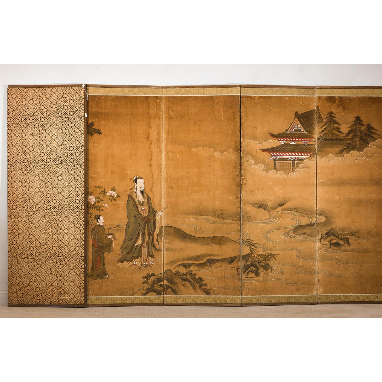 Meiji Six-Panel Folding Screen with Courtly Landscape and Pavilion-18. Asian &amp; Chinese Furniture, Art, Antiques, Vintage Home Décor for sale at FEA Home