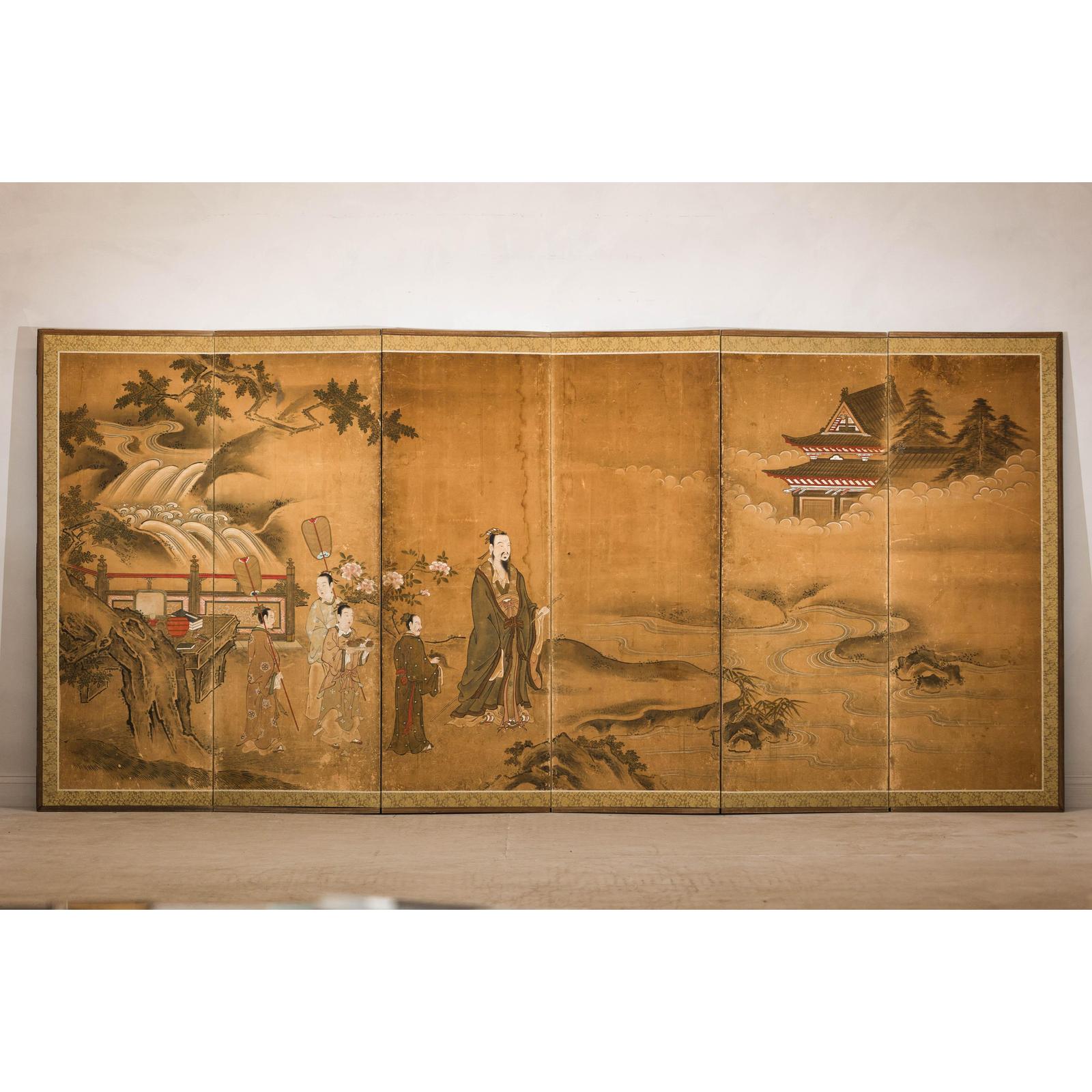 Meiji Six-Panel Folding Screen with Courtly Landscape and Pavilion-3. Asian &amp; Chinese Furniture, Art, Antiques, Vintage Home Décor for sale at FEA Home