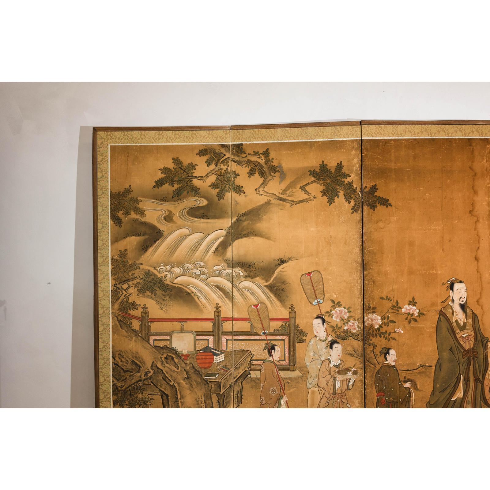 Meiji Six-Panel Folding Screen with Courtly Landscape and Pavilion-4. Asian &amp; Chinese Furniture, Art, Antiques, Vintage Home Décor for sale at FEA Home