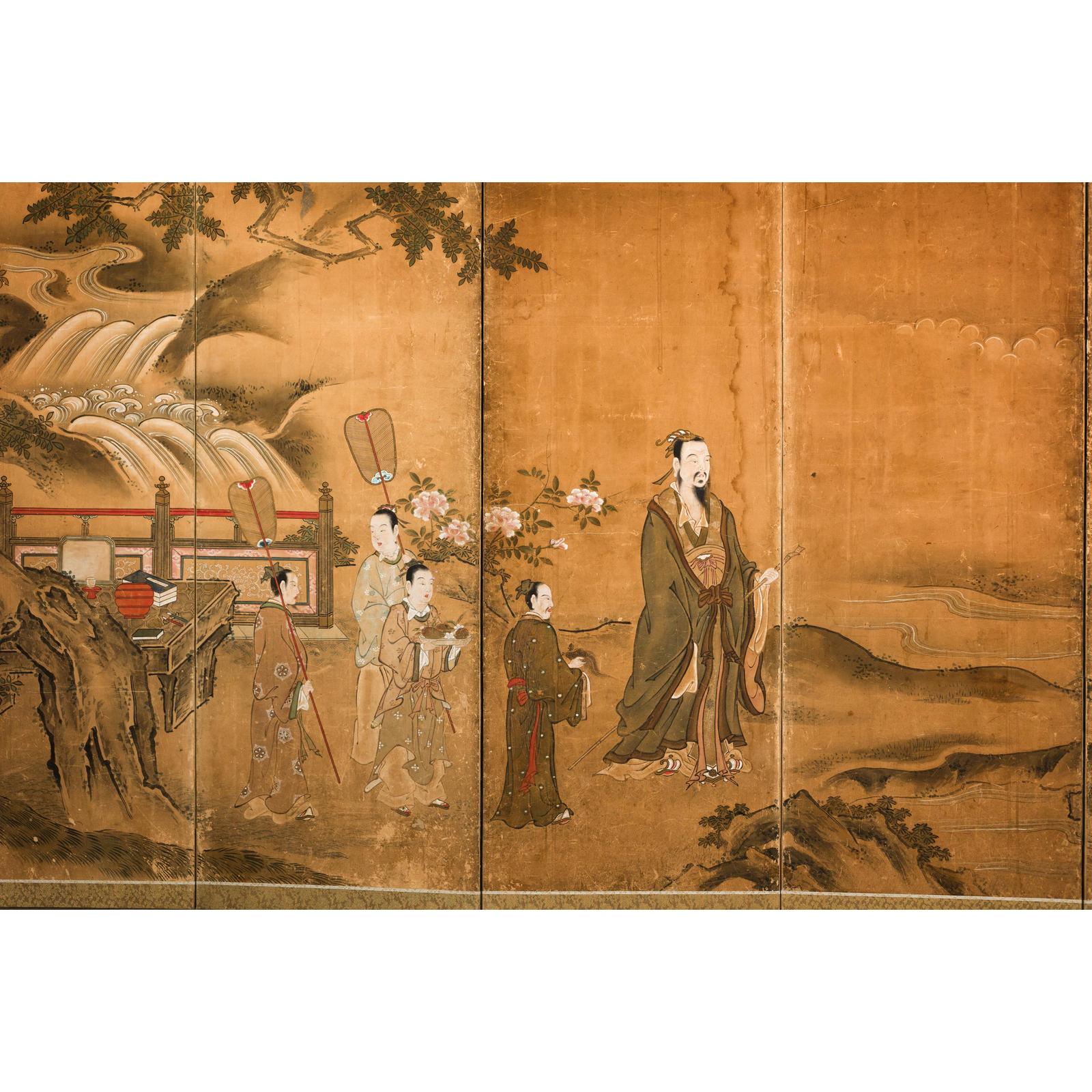Meiji Six-Panel Folding Screen with Courtly Landscape and Pavilion-5. Asian &amp; Chinese Furniture, Art, Antiques, Vintage Home Décor for sale at FEA Home